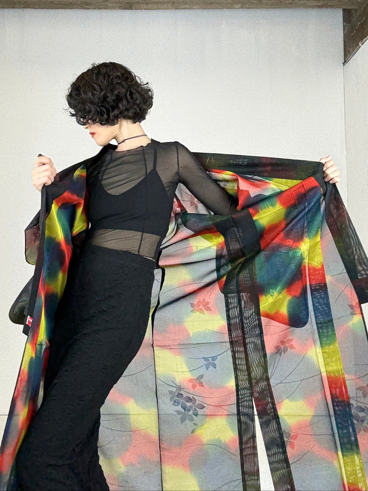 SHEER Kimono Dress Gown with String Belt – Upcycled from Japanese Kimono "Beautiful Blended Colors"