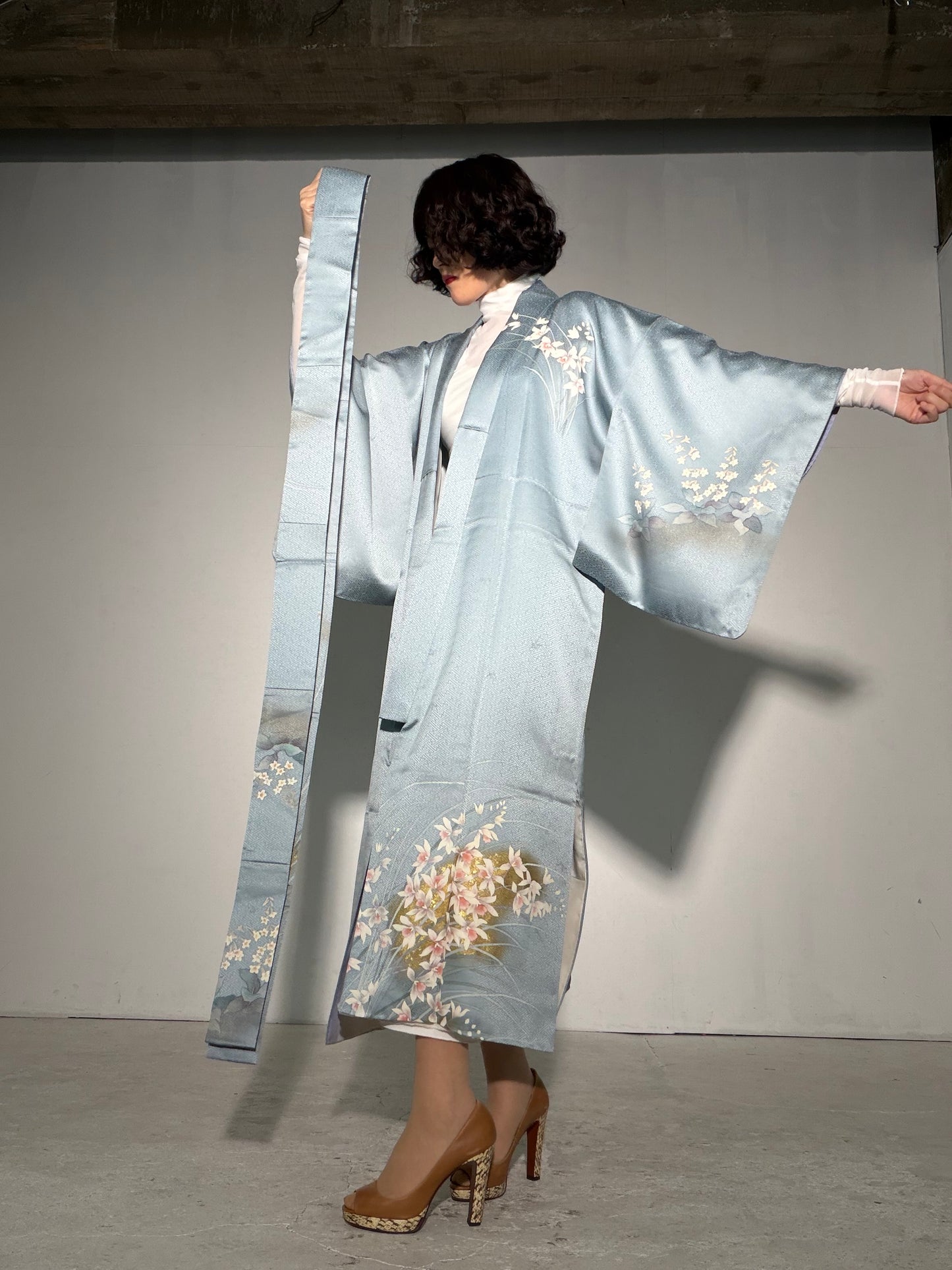 Houmongi Kimono Dress Gown with String Belt – Upcycled from Vintage Japanese Kimono "sayagata, DRE044"