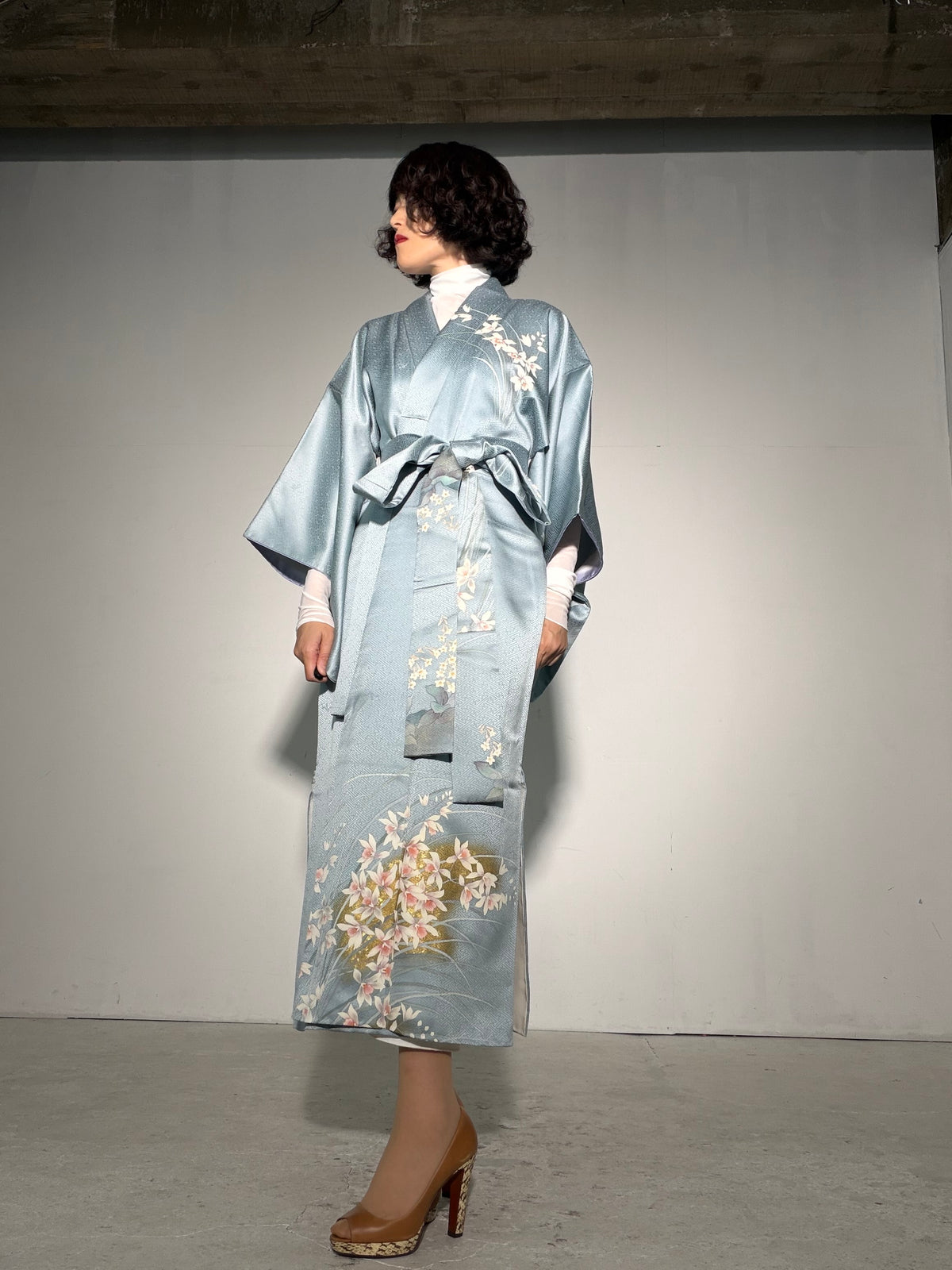 Houmongi Kimono Dress Gown with String Belt – Upcycled from Vintage Japanese Kimono "sayagata, DRE044"