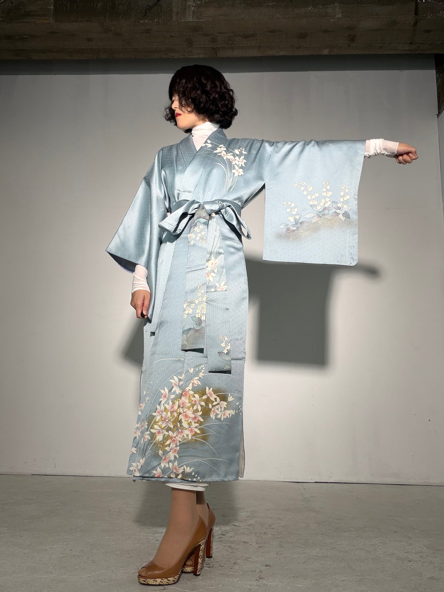 Houmongi Kimono Dress Gown with String Belt – Upcycled from Vintage Japanese Kimono "sayagata, DRE044"