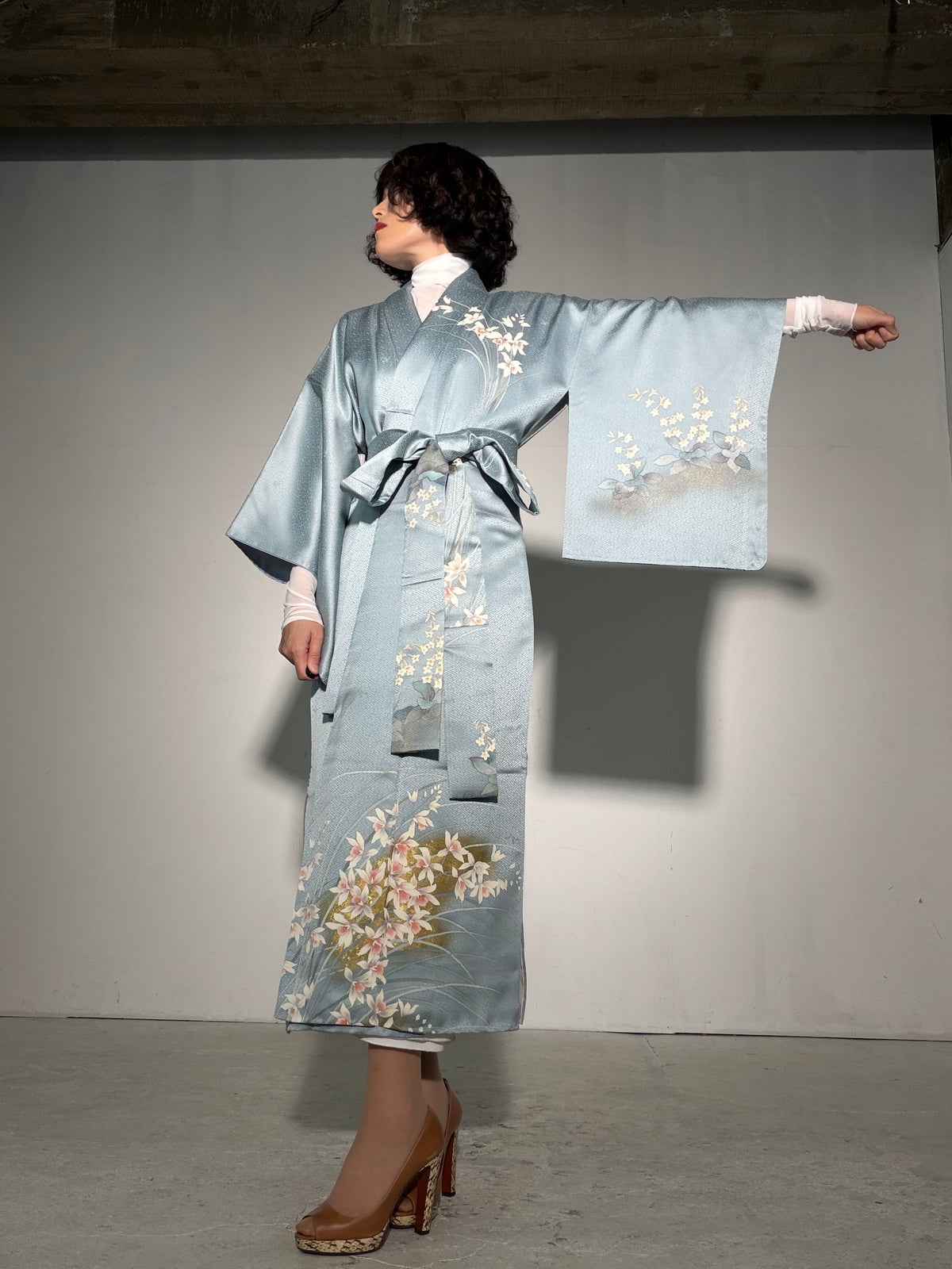 Houmongi Kimono Dress Gown with String Belt – Upcycled from Vintage Japanese Kimono "sayagata, DRE044"