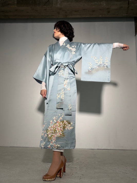 Houmongi Kimono Dress Gown with String Belt – Upcycled from Vintage Japanese Kimono "sayagata, DRE044"