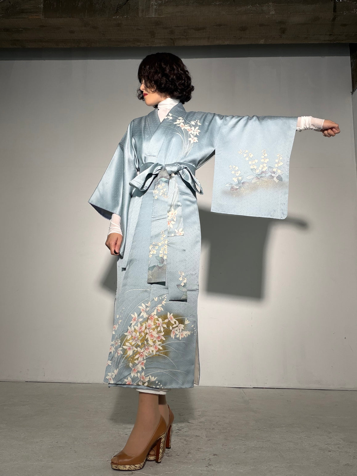 Houmongi Kimono Dress Gown with String Belt – Upcycled from Vintage Japanese Kimono "sayagata, DRE044"