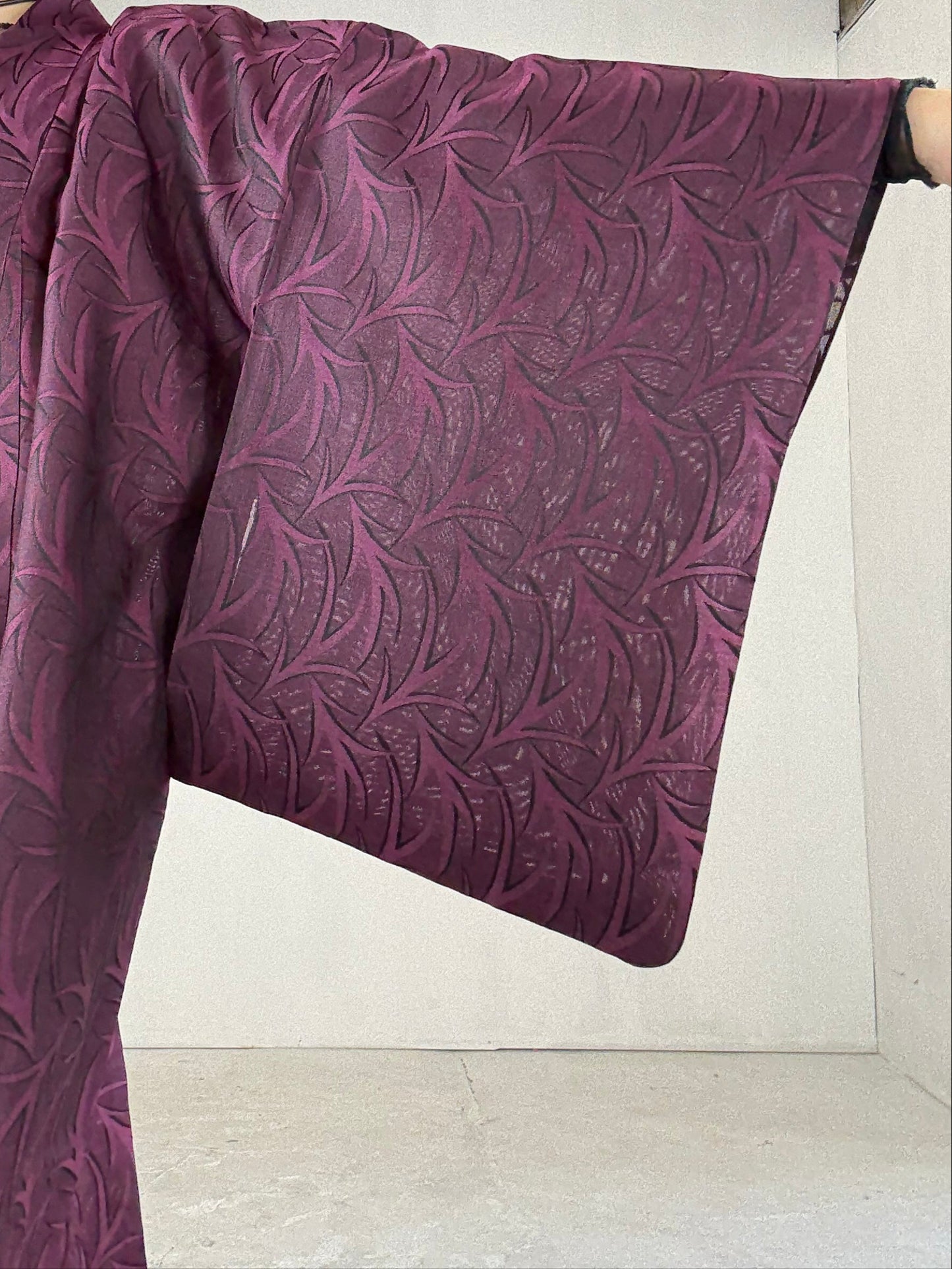 SHEER Kimono Dress Gown with String Belt – Upcycled from Japanese Kimono “Deep Red-Purple”