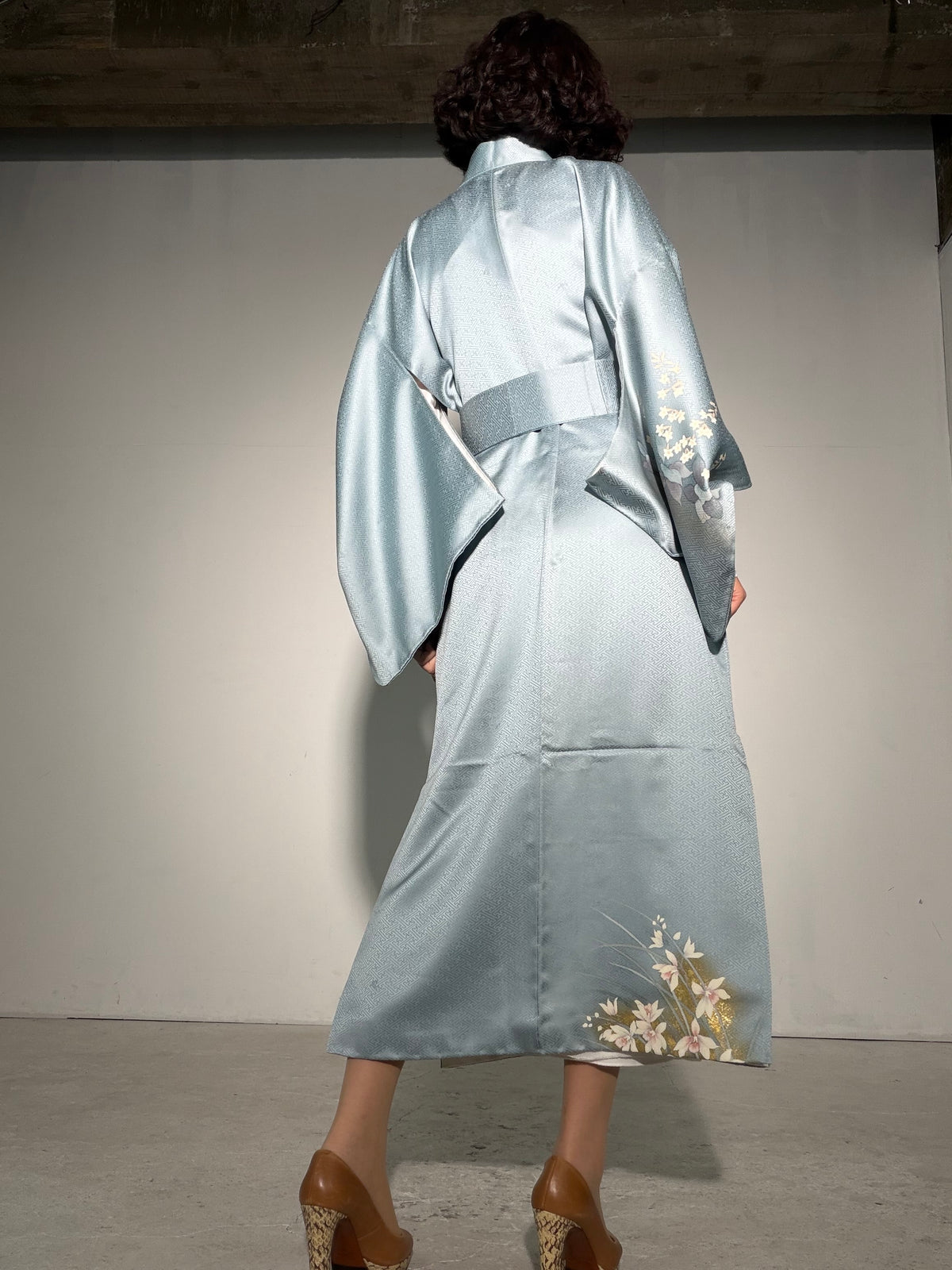 Houmongi Kimono Dress Gown with String Belt – Upcycled from Vintage Japanese Kimono "sayagata, DRE044"