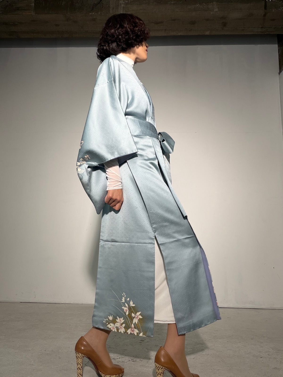 Houmongi Kimono Dress Gown with String Belt – Upcycled from Vintage Japanese Kimono "sayagata, DRE044"