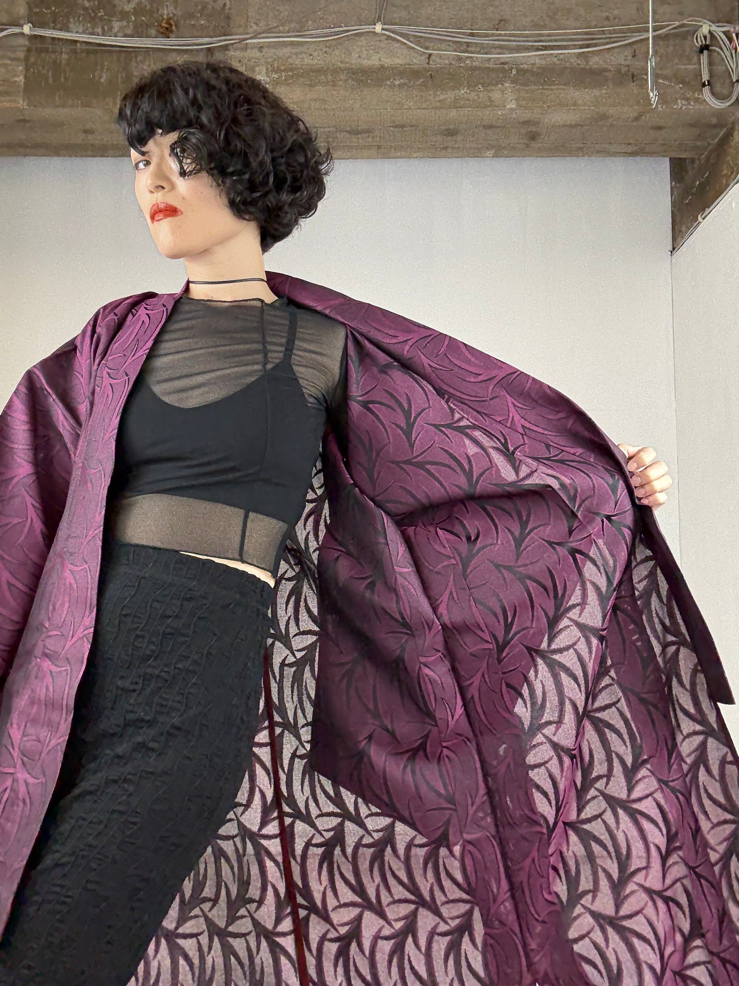 SHEER Kimono Dress Gown with String Belt – Upcycled from Japanese Kimono “Deep Red-Purple”