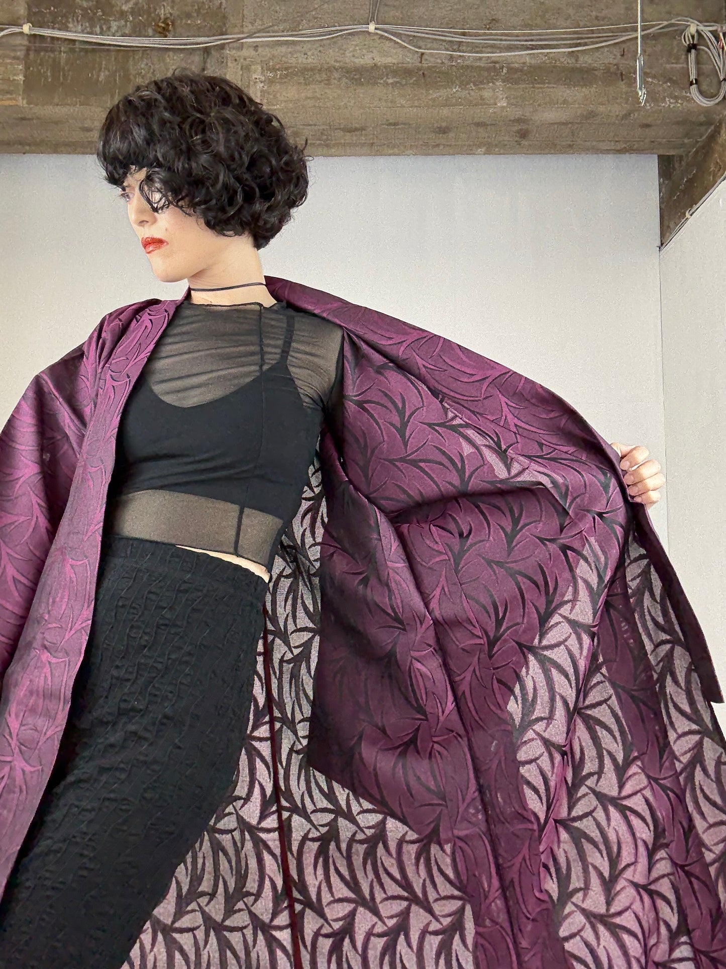 SHEER Kimono Dress Gown with String Belt – Upcycled from Japanese Kimono “Deep Red-Purple”