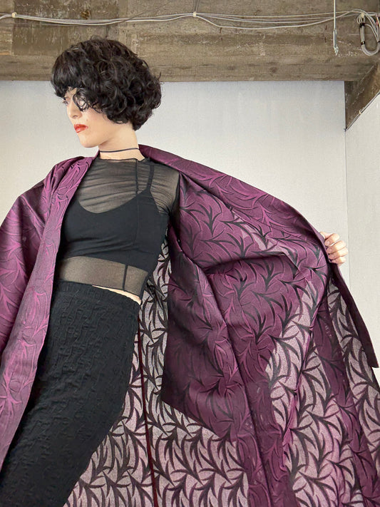 SHEER Kimono Dress Gown with String Belt – Upcycled from Japanese Kimono “Deep Red-Purple”