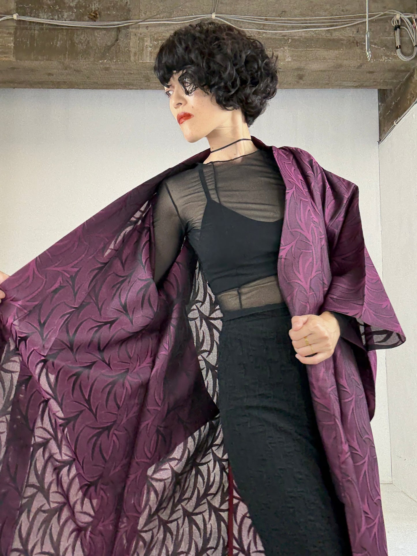 SHEER Kimono Dress Gown with String Belt – Upcycled from Japanese Kimono “Deep Red-Purple”