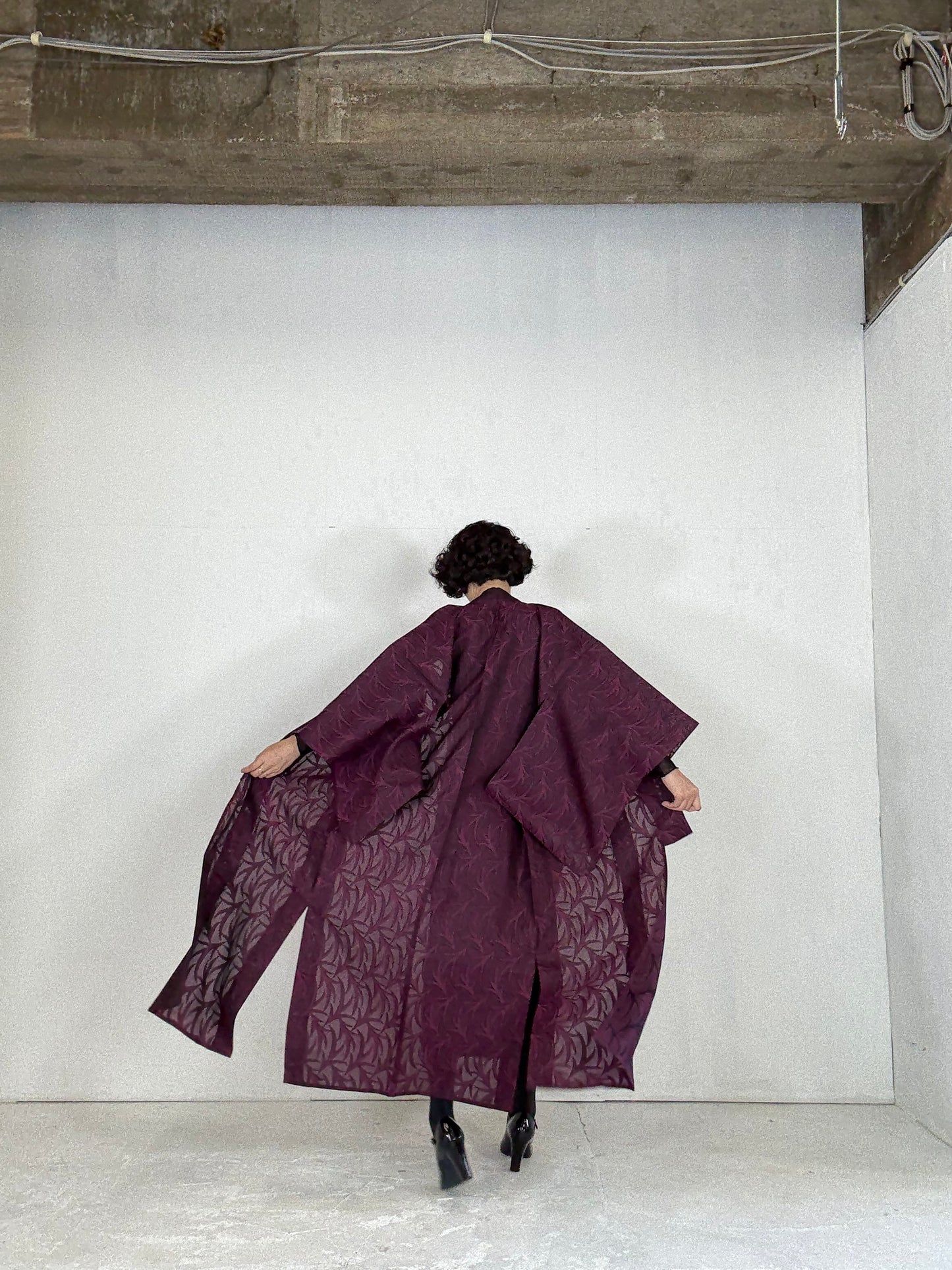 SHEER Kimono Dress Gown with String Belt – Upcycled from Japanese Kimono “Deep Red-Purple”
