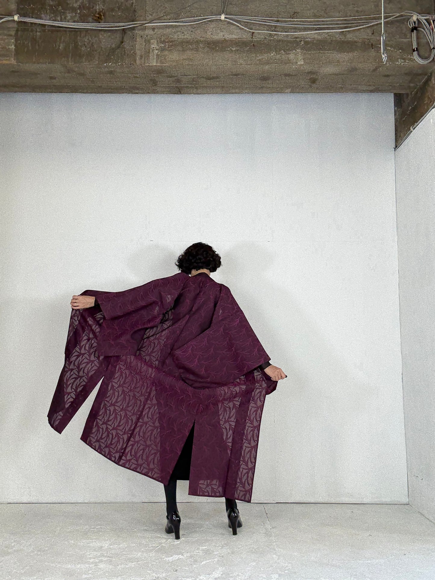 SHEER Kimono Dress Gown with String Belt – Upcycled from Japanese Kimono “Deep Red-Purple”