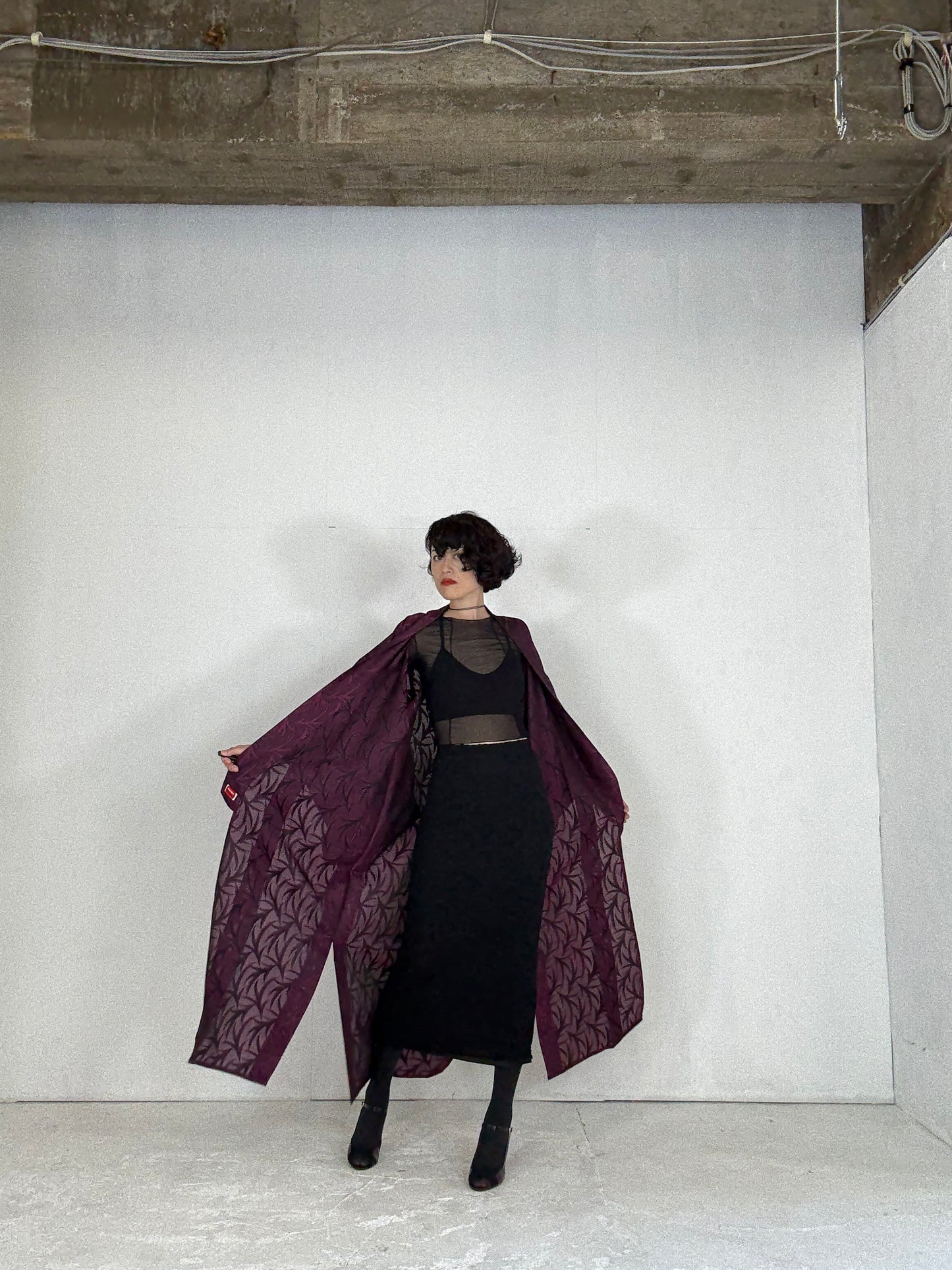 SHEER Kimono Dress Gown with String Belt – Upcycled from Japanese Kimono “Deep Red-Purple”