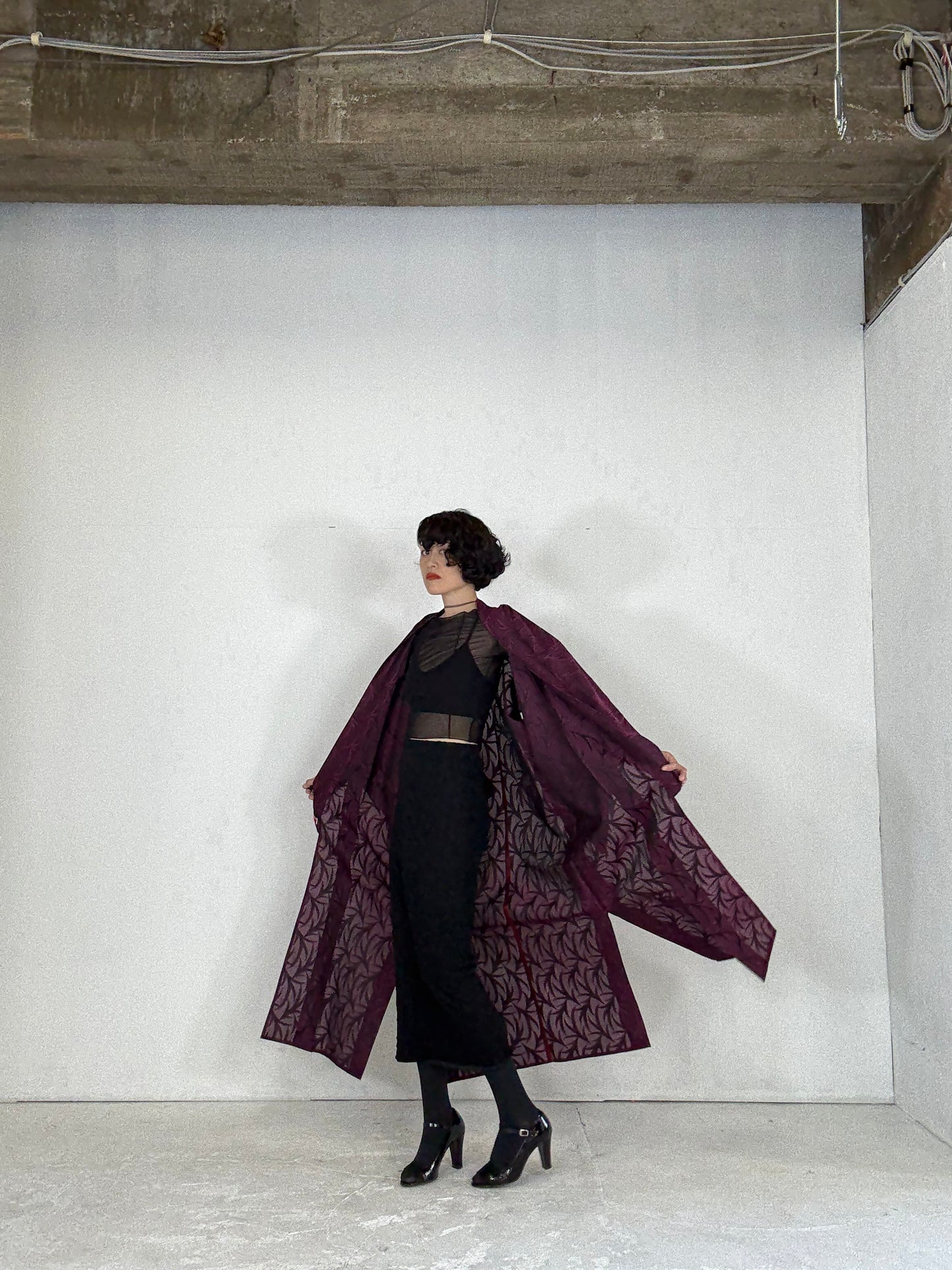 SHEER Kimono Dress Gown with String Belt – Upcycled from Japanese Kimono “Deep Red-Purple”