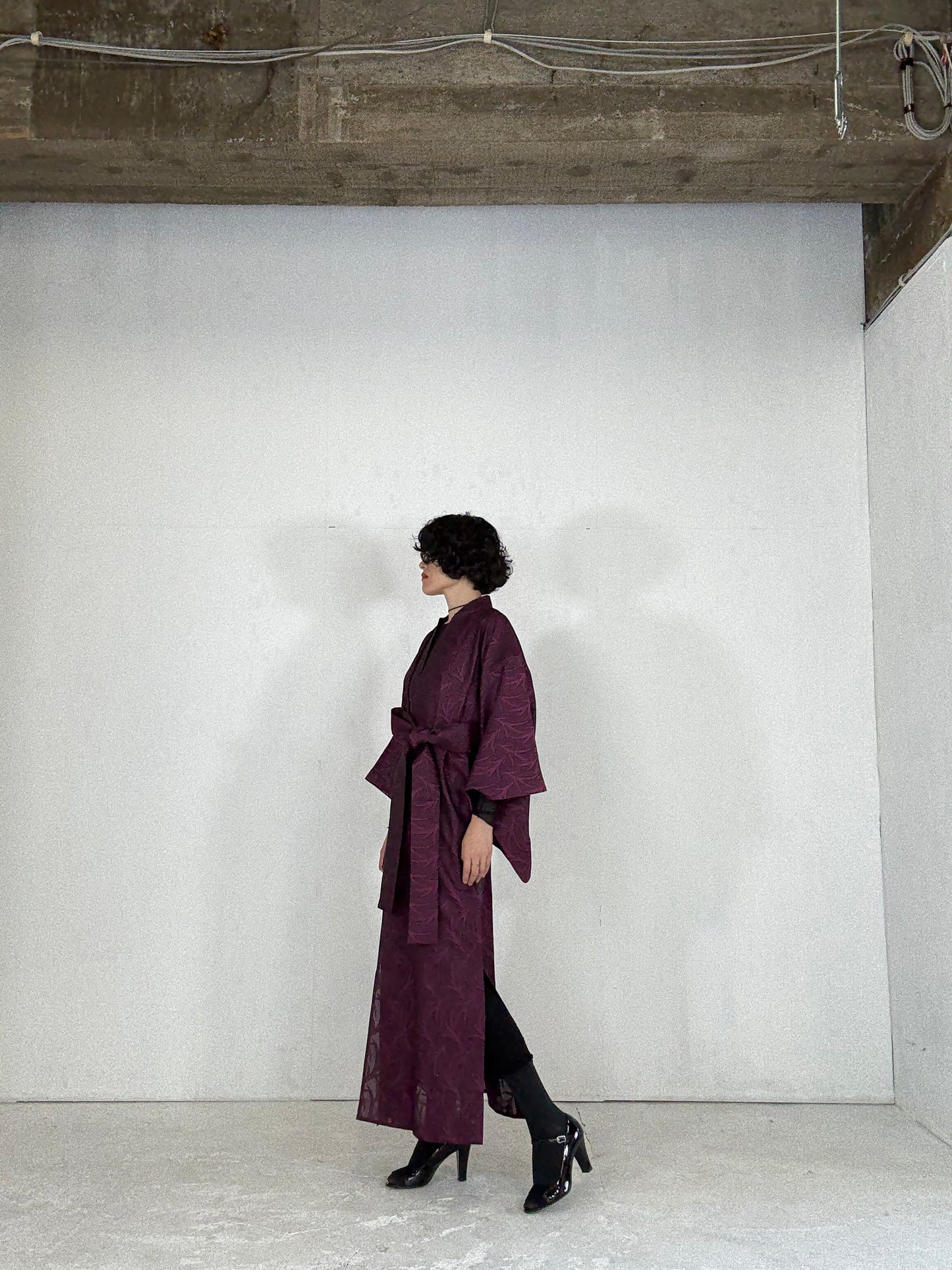 SHEER Kimono Dress Gown with String Belt – Upcycled from Japanese Kimono “Deep Red-Purple”