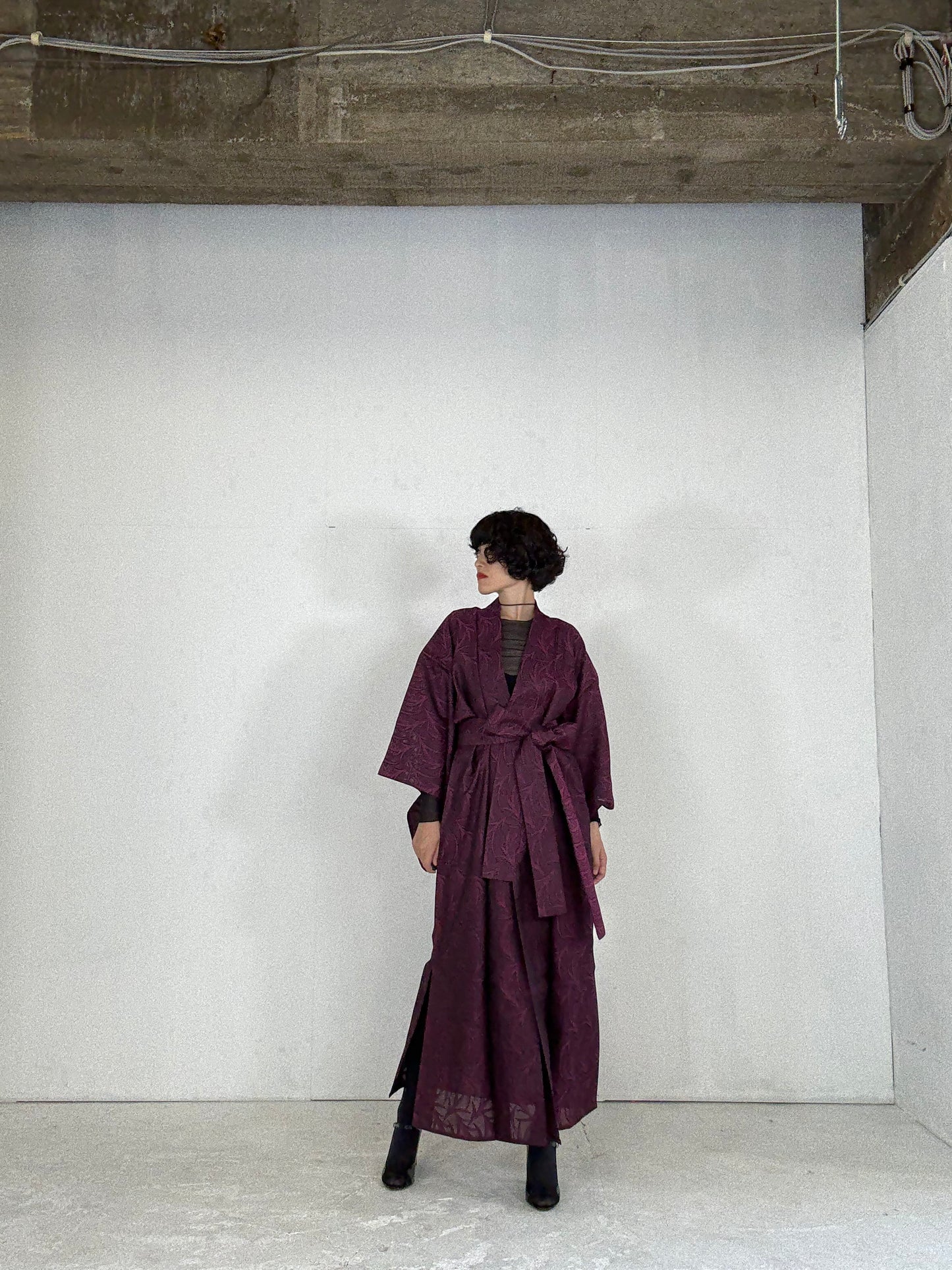 SHEER Kimono Dress Gown with String Belt – Upcycled from Japanese Kimono “Deep Red-Purple”