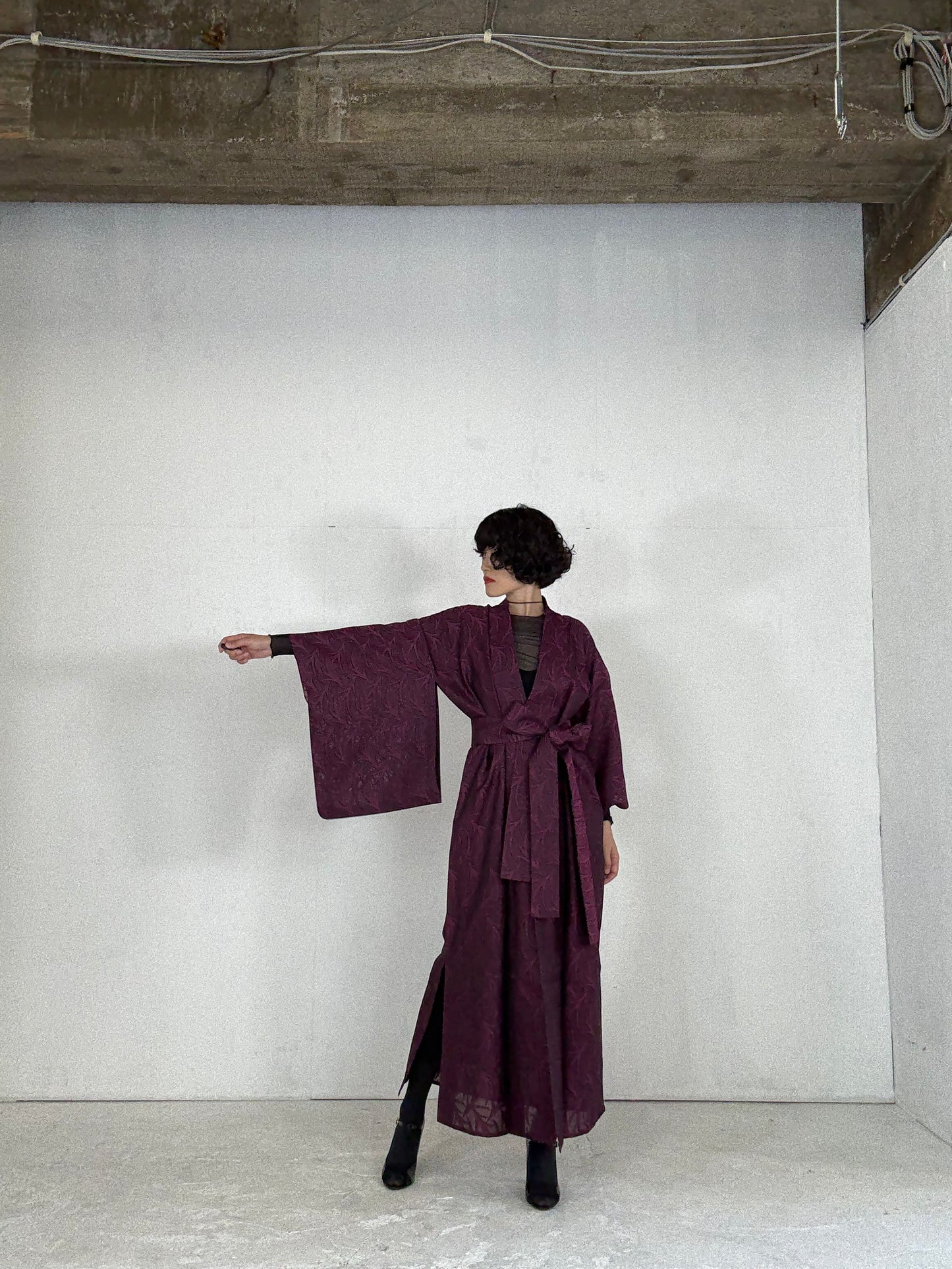 SHEER Kimono Dress Gown with String Belt – Upcycled from Japanese Kimono “Deep Red-Purple”