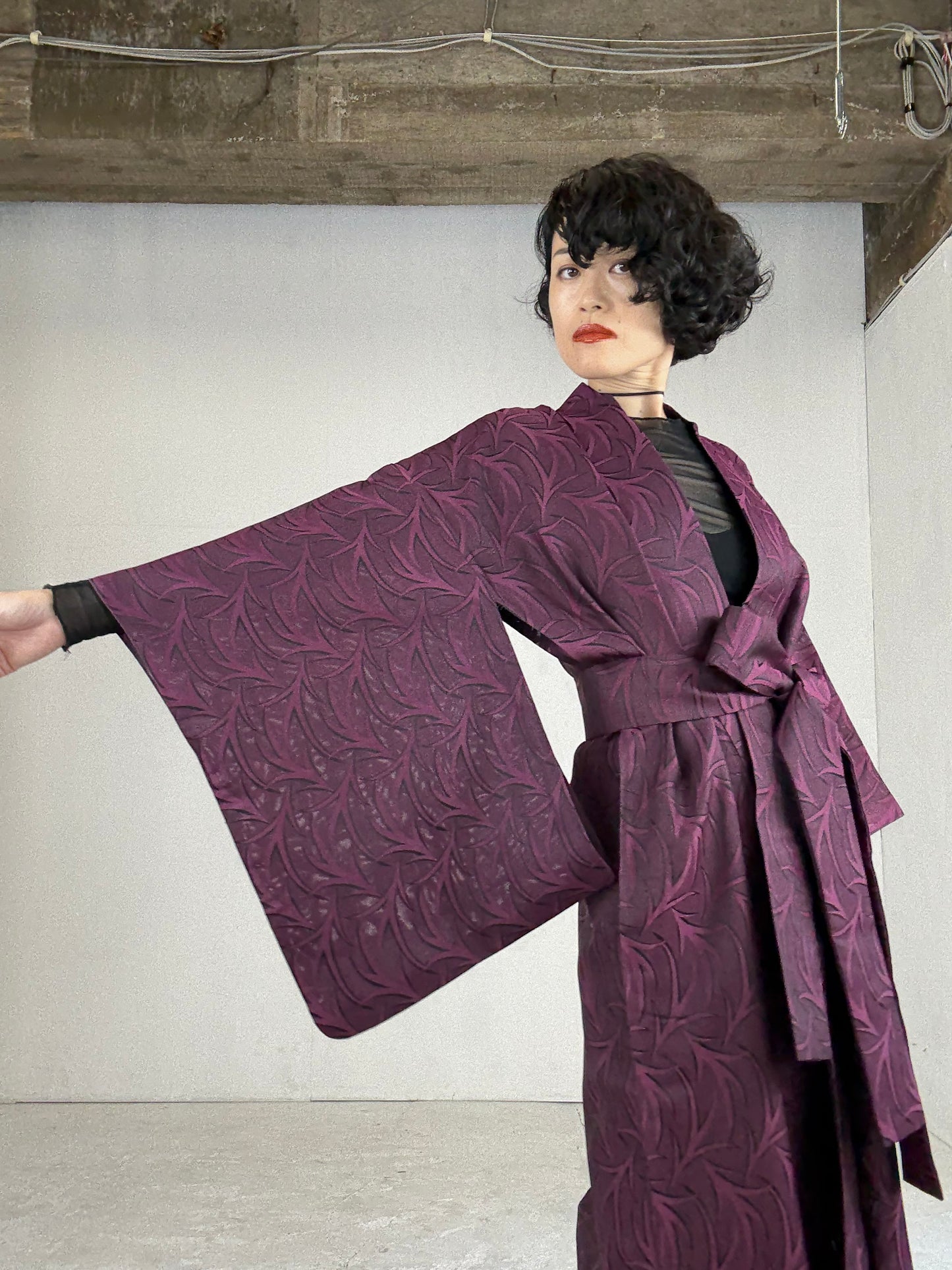 SHEER Kimono Dress Gown with String Belt – Upcycled from Japanese Kimono “Deep Red-Purple”
