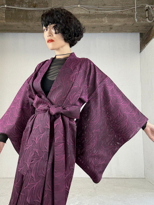 SHEER Kimono Dress Gown with String Belt – Upcycled from Japanese Kimono “Deep Red-Purple”