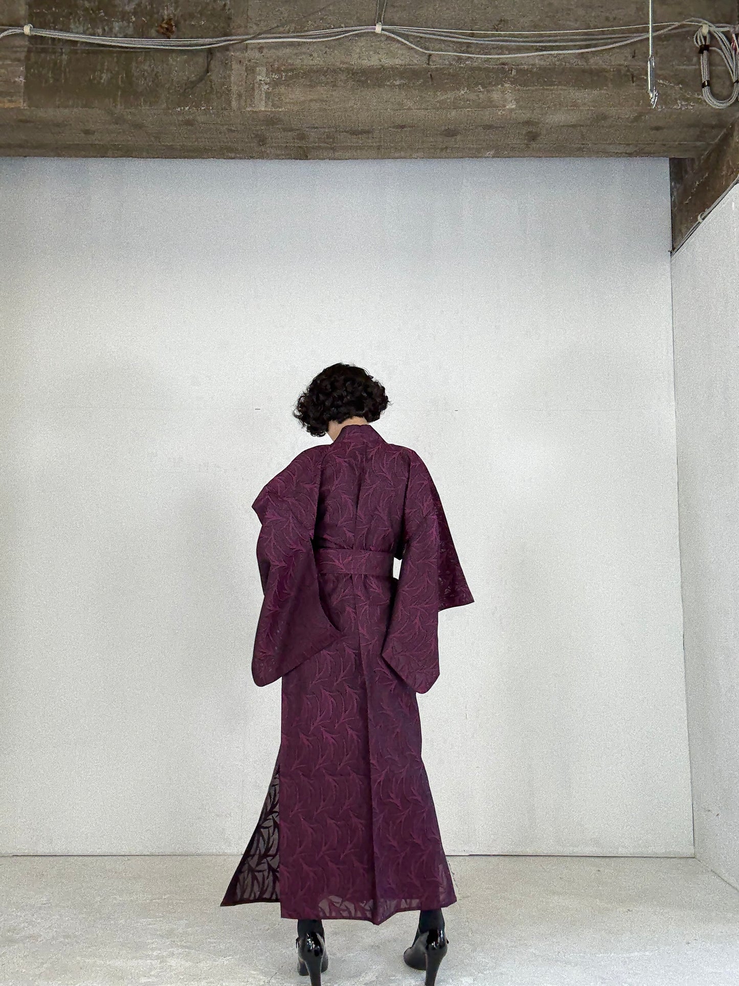SHEER Kimono Dress Gown with String Belt – Upcycled from Japanese Kimono “Deep Red-Purple”