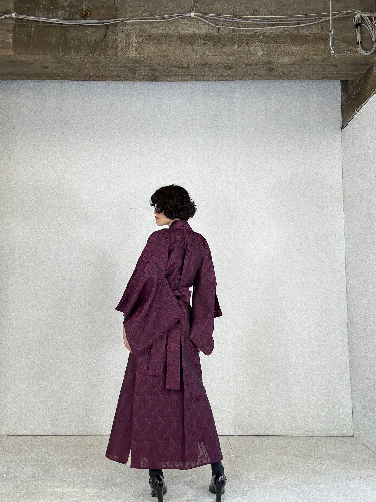 SHEER Kimono Dress Gown with String Belt – Upcycled from Japanese Kimono “Deep Red-Purple”