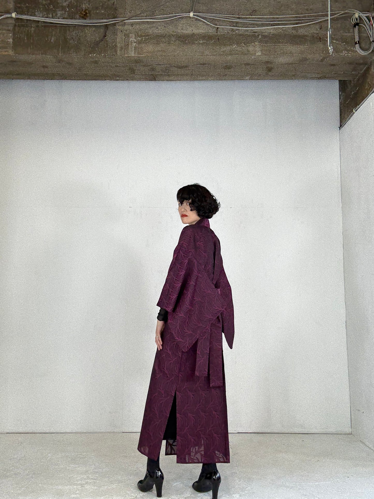 SHEER Kimono Dress Gown with String Belt – Upcycled from Japanese Kimono “Deep Red-Purple”