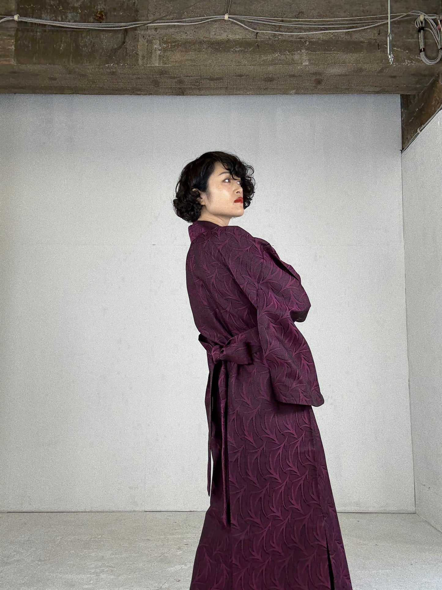 SHEER Kimono Dress Gown with String Belt – Upcycled from Japanese Kimono “Deep Red-Purple”