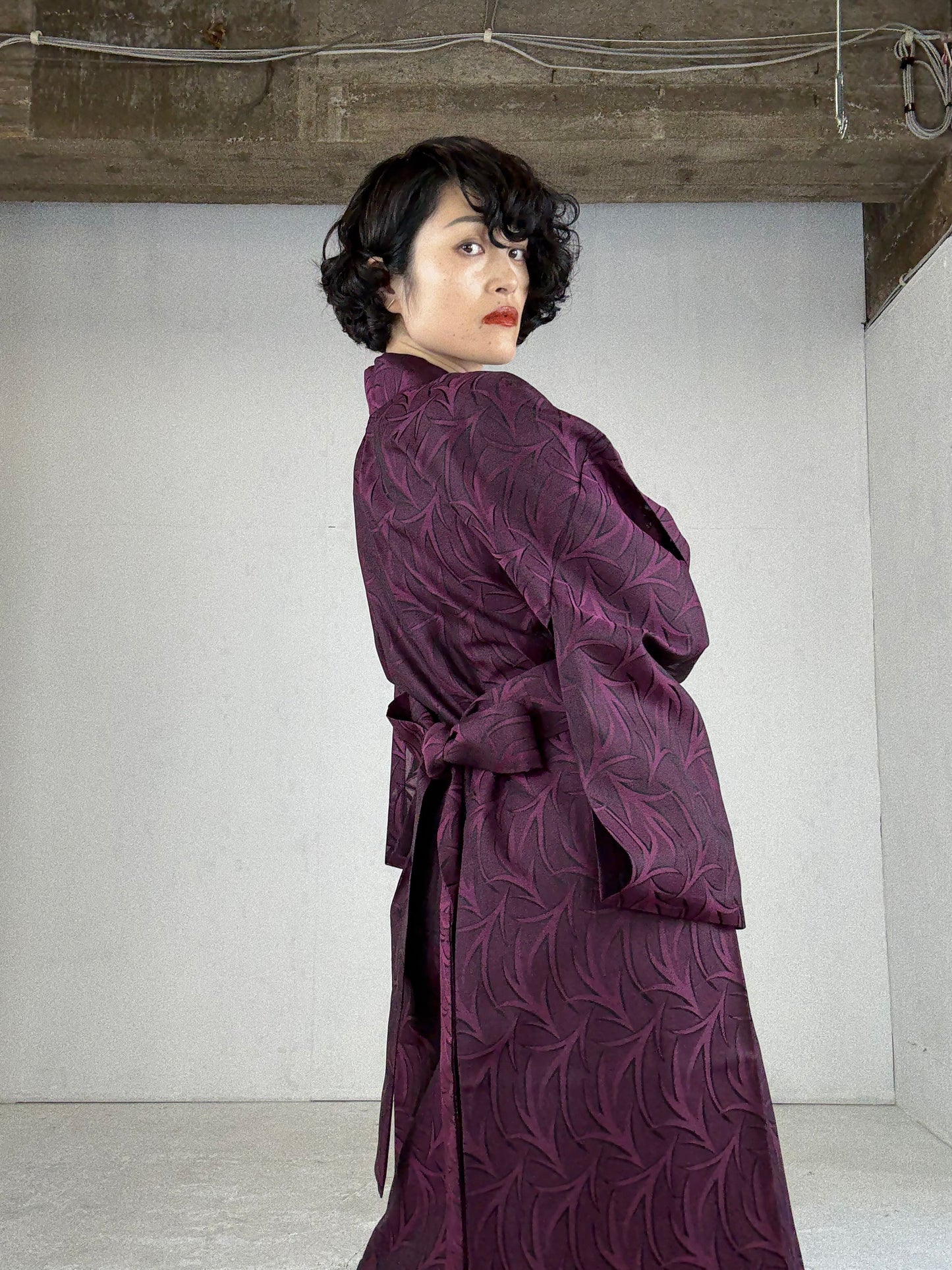 SHEER Kimono Dress Gown with String Belt – Upcycled from Japanese Kimono “Deep Red-Purple”