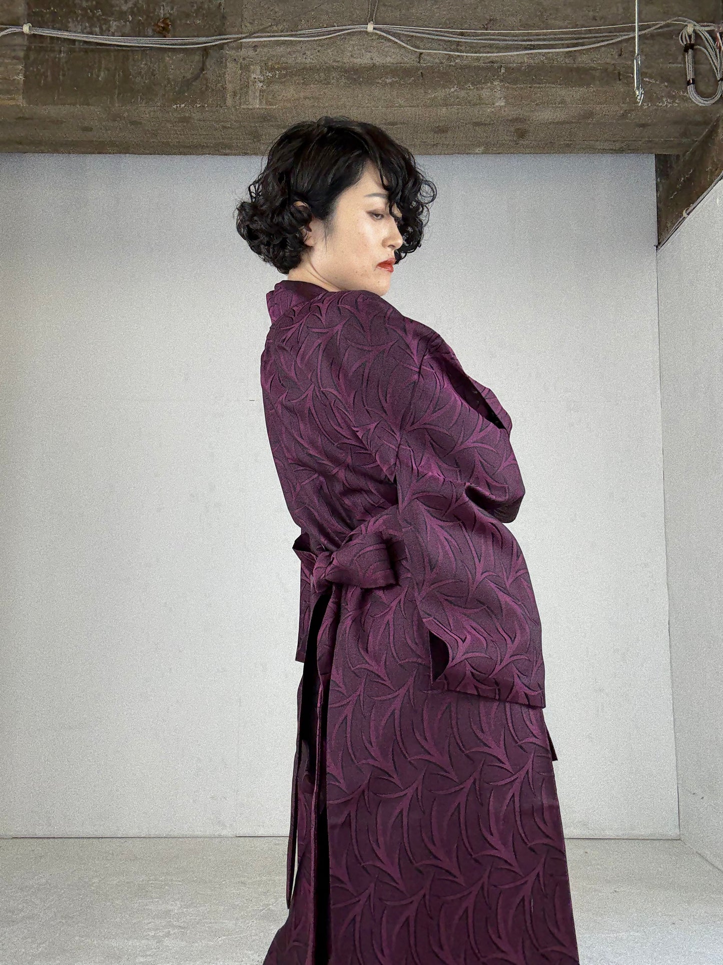 SHEER Kimono Dress Gown with String Belt – Upcycled from Japanese Kimono “Deep Red-Purple”