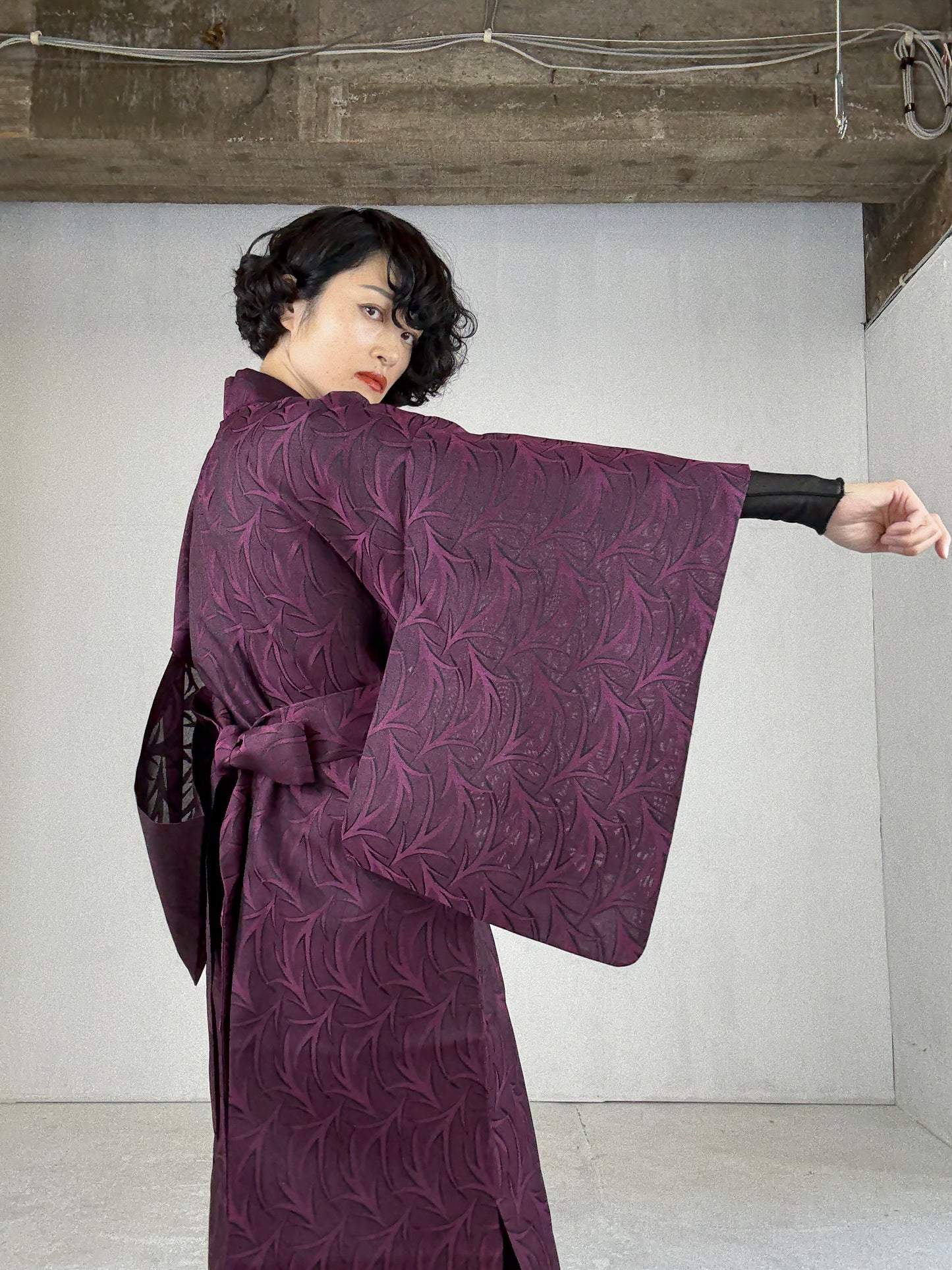 SHEER Kimono Dress Gown with String Belt – Upcycled from Japanese Kimono “Deep Red-Purple”