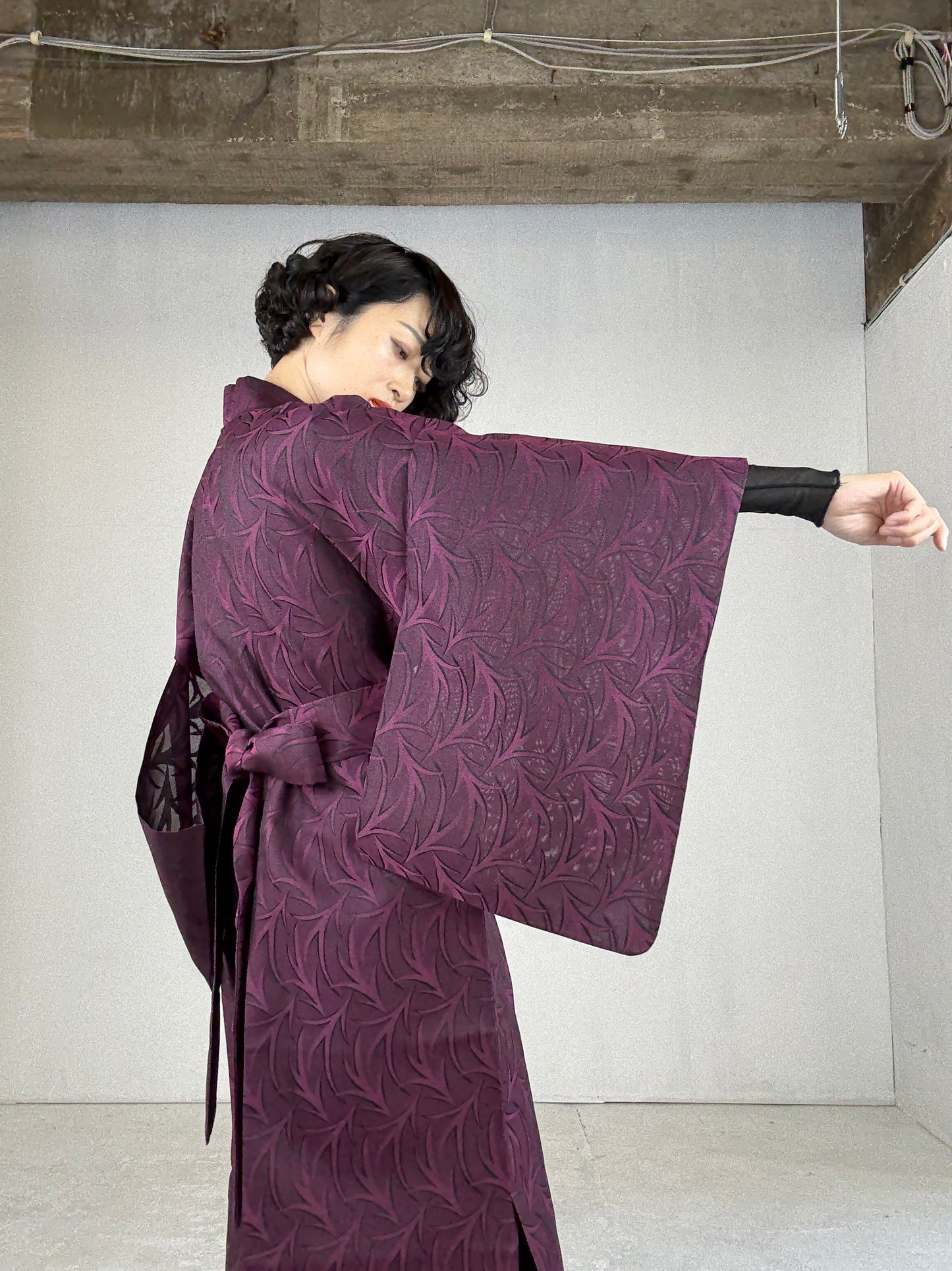 SHEER Kimono Dress Gown with String Belt – Upcycled from Japanese Kimono “Deep Red-Purple”