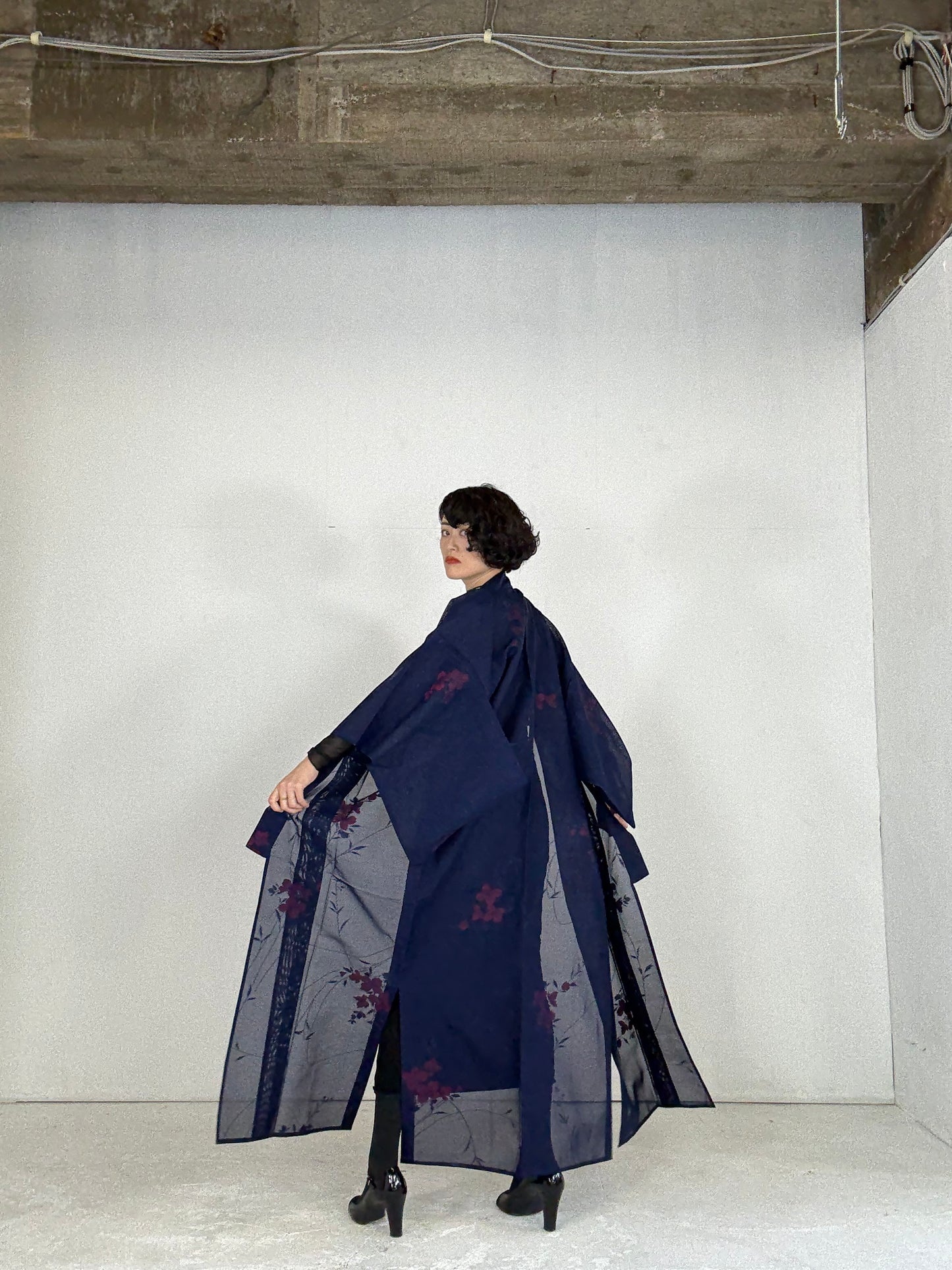 SHEER Kimono Dress Gown with String Belt – Upcycled from Japanese Kimono “Long, Navy with Red Flowers”