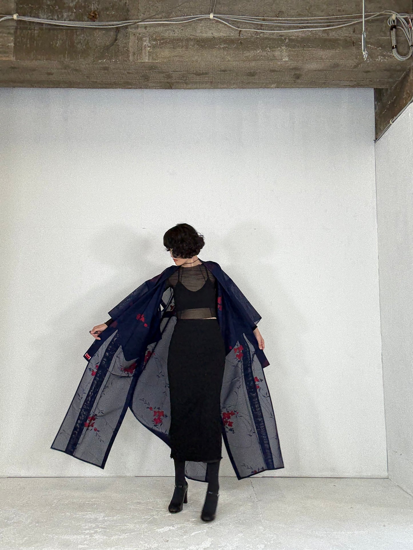 SHEER Kimono Dress Gown with String Belt – Upcycled from Japanese Kimono “Long, Navy with Red Flowers”