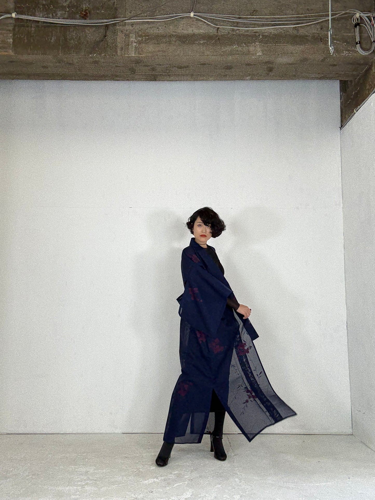 SHEER Kimono Dress Gown with String Belt – Upcycled from Japanese Kimono “Long, Navy with Red Flowers”