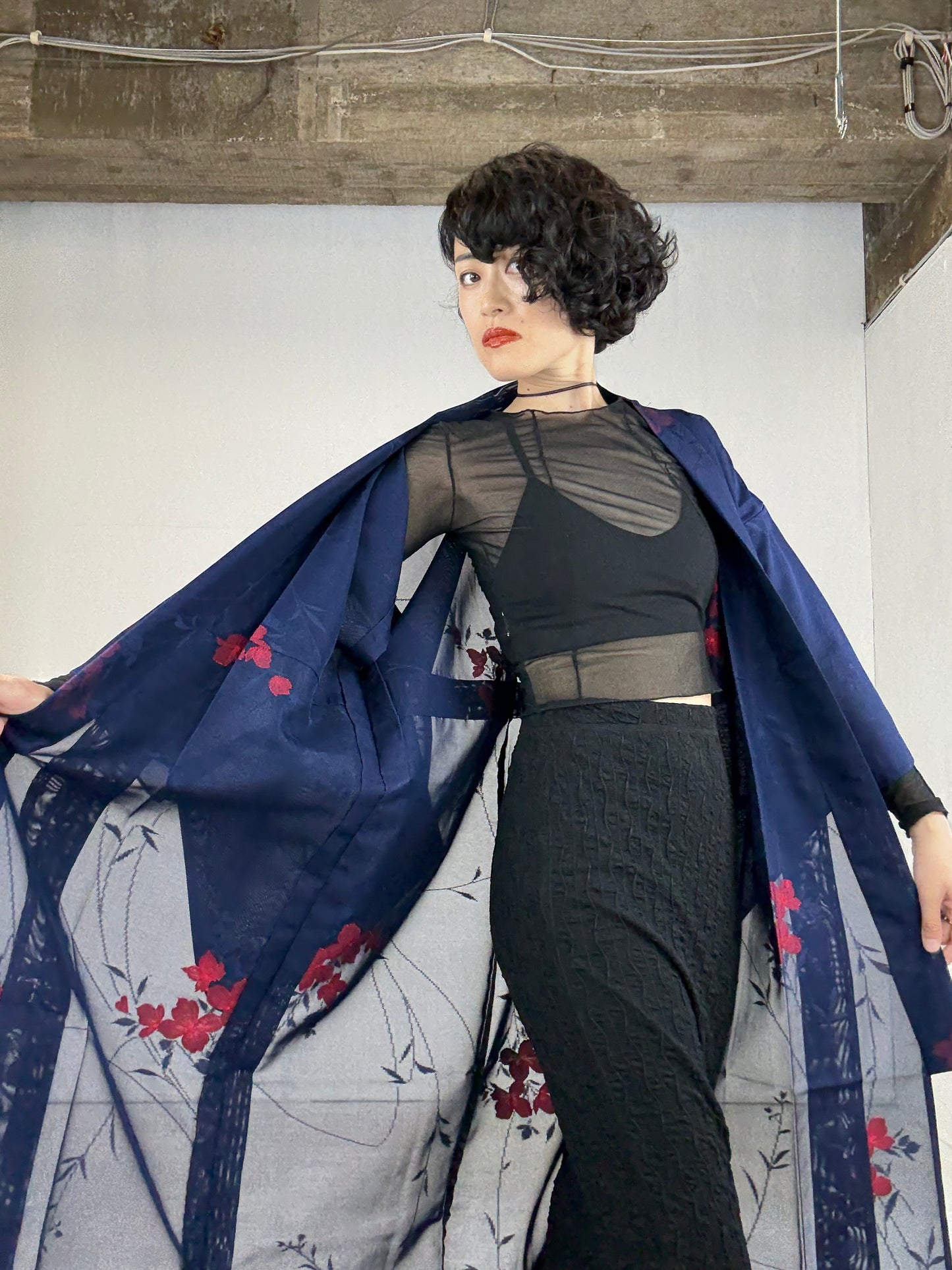 SHEER Kimono Dress Gown with String Belt – Upcycled from Japanese Kimono “Long, Navy with Red Flowers”