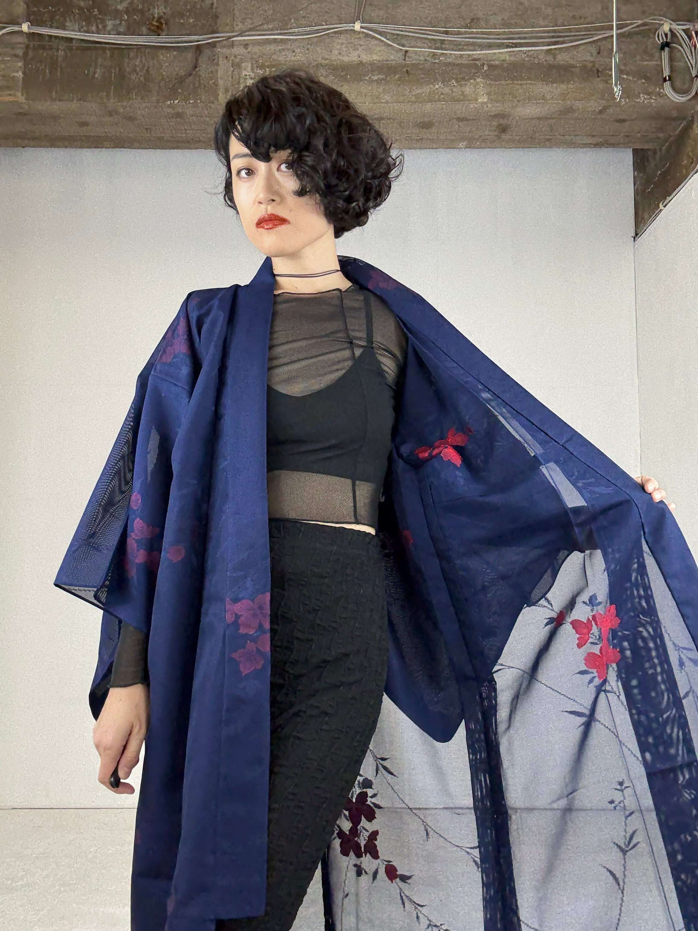SHEER Kimono Dress Gown with String Belt – Upcycled from Japanese
