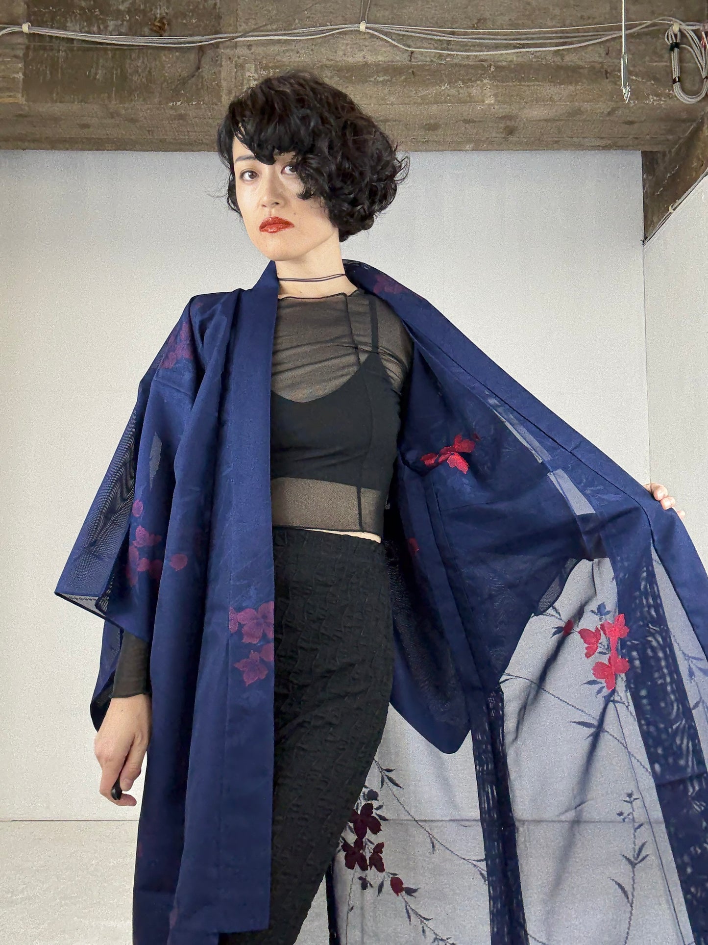 SHEER Kimono Dress Gown with String Belt – Upcycled from Japanese Kimono “Long, Navy with Red Flowers”