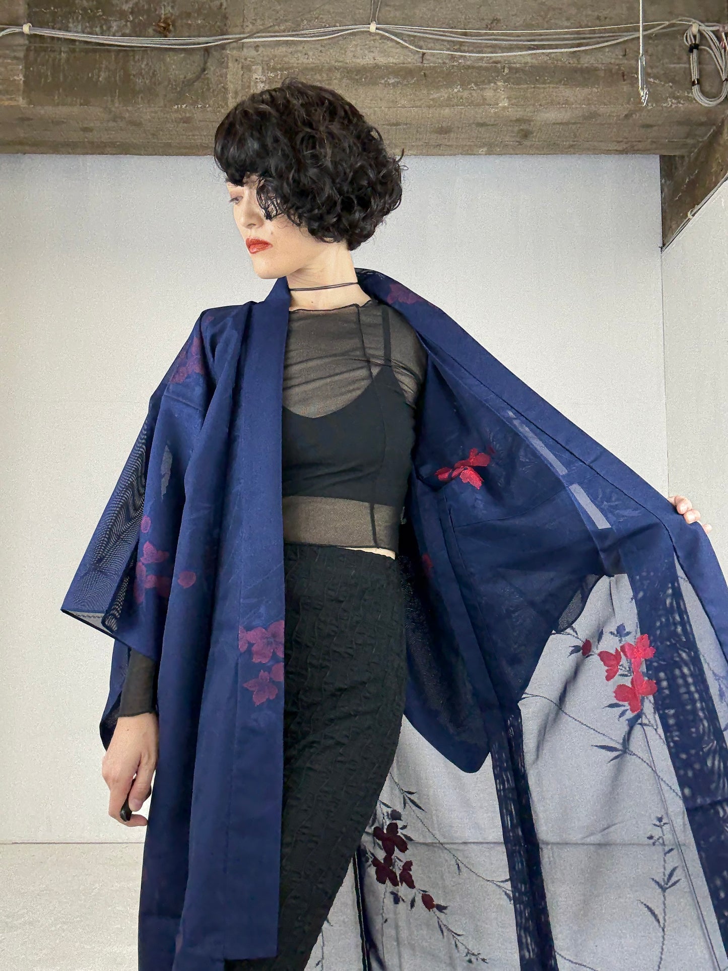 SHEER Kimono Dress Gown with String Belt – Upcycled from Japanese Kimono “Long, Navy with Red Flowers”