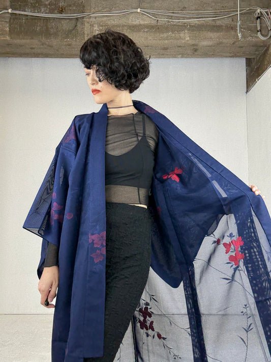 SHEER Kimono Dress Gown with String Belt – Upcycled from Japanese Kimono “Long, Navy with Red Flowers”