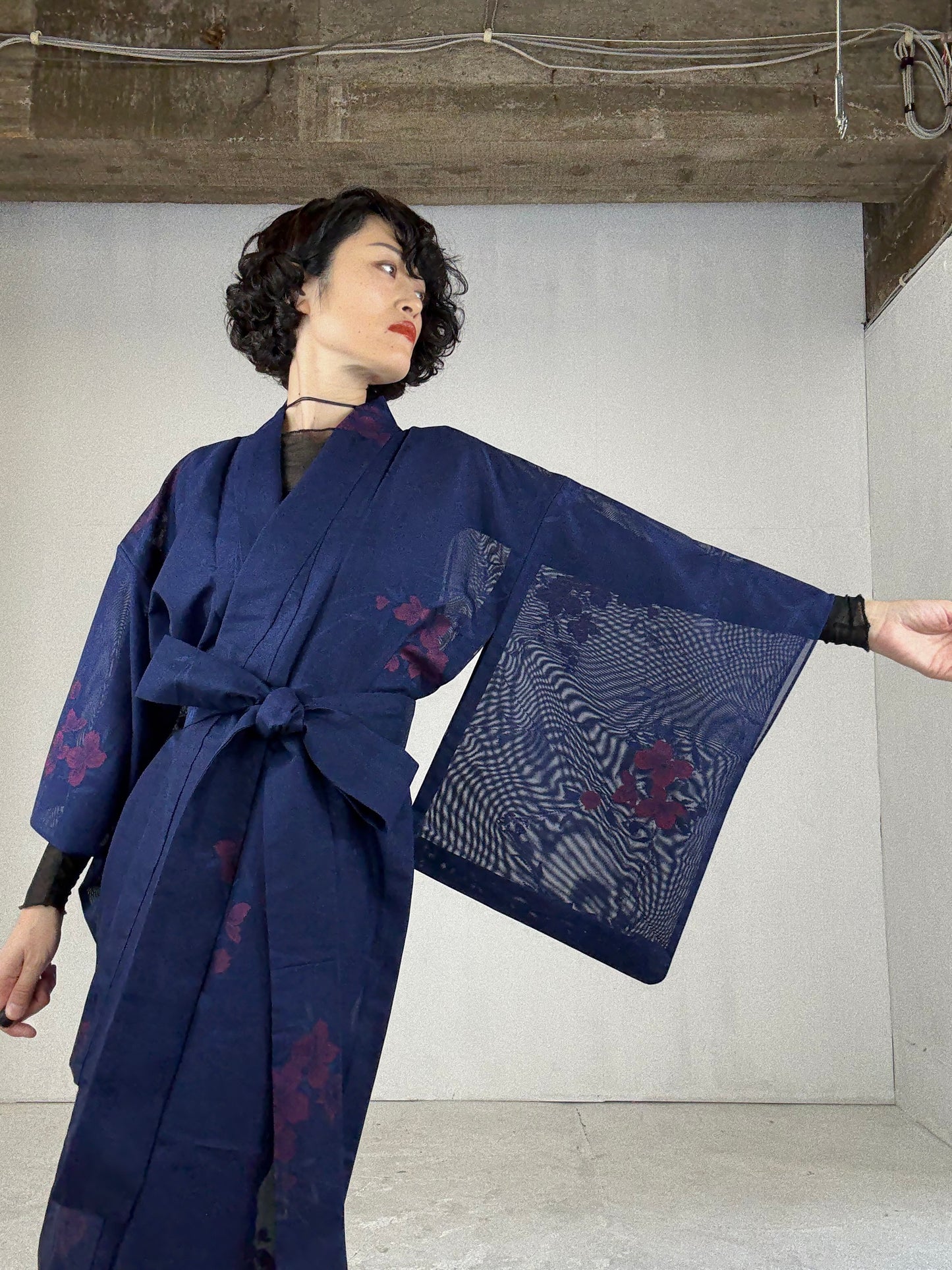 SHEER Kimono Dress Gown with String Belt – Upcycled from Japanese Kimono “Long, Navy with Red Flowers”