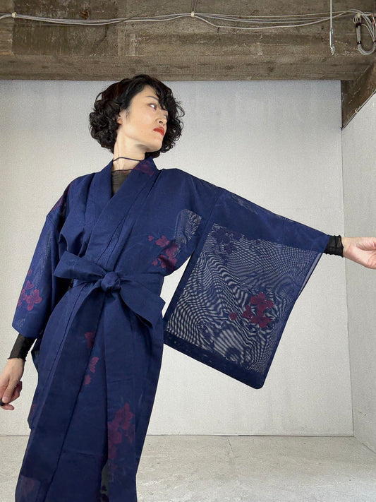SHEER Kimono Dress Gown with String Belt – Upcycled from Japanese Kimono “Long, Navy with Red Flowers”