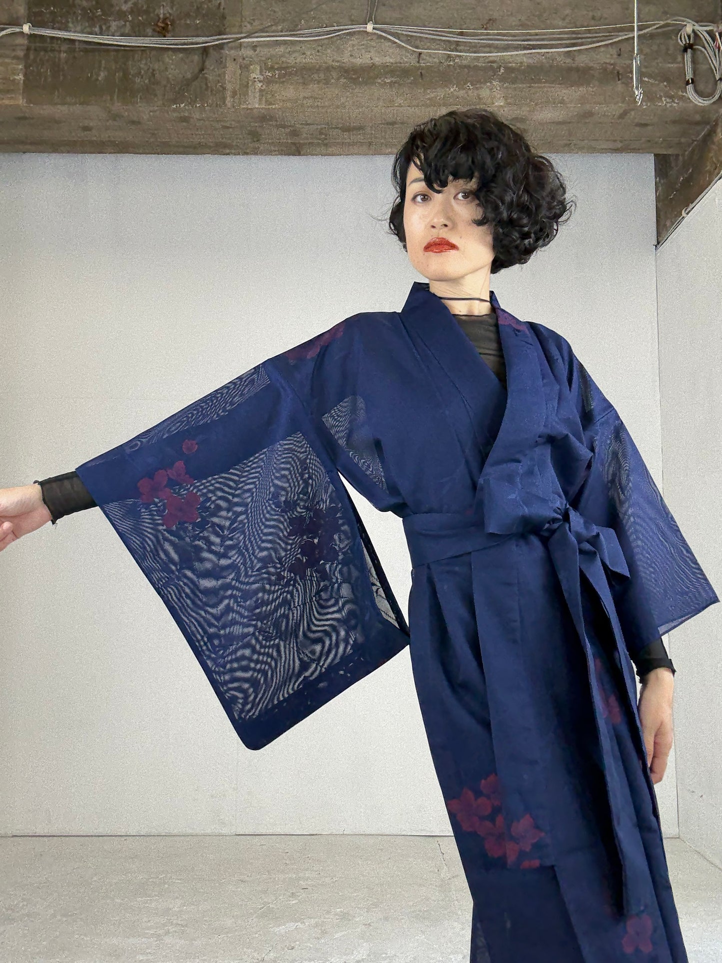 SHEER Kimono Dress Gown with String Belt – Upcycled from Japanese Kimono “Long, Navy with Red Flowers”