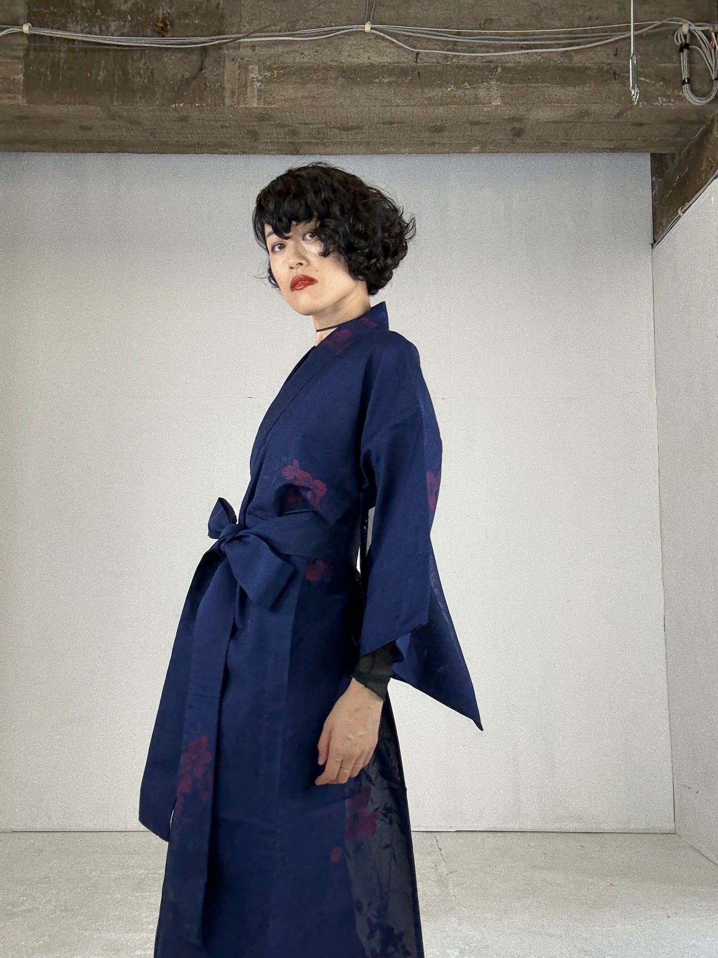 SHEER Kimono Dress Gown with String Belt – Upcycled from Japanese Kimono “Long, Navy with Red Flowers”