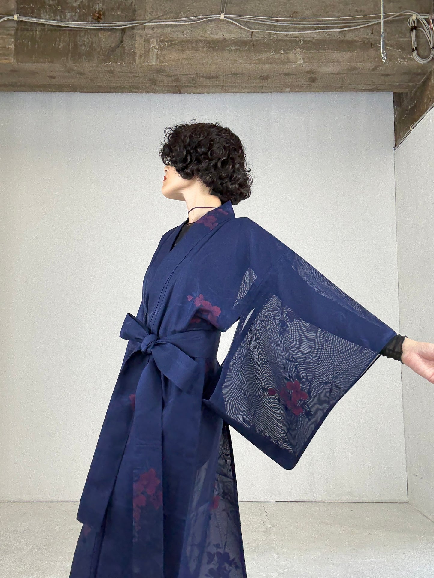 SHEER Kimono Dress Gown with String Belt – Upcycled from Japanese Kimono “Long, Navy with Red Flowers”