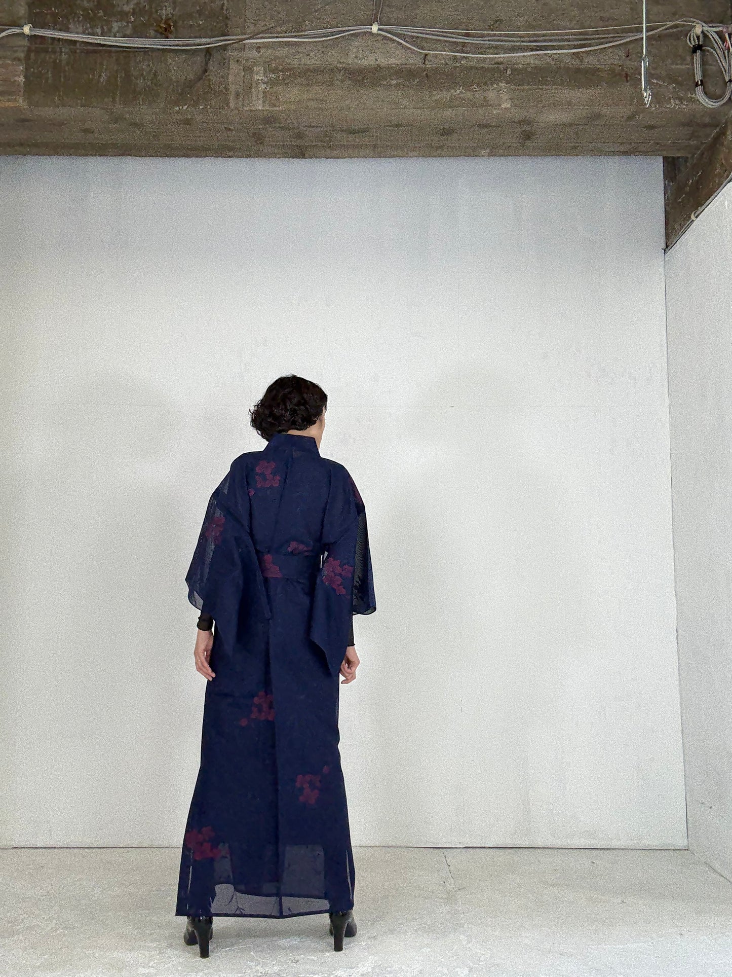 SHEER Kimono Dress Gown with String Belt – Upcycled from Japanese Kimono “Long, Navy with Red Flowers”