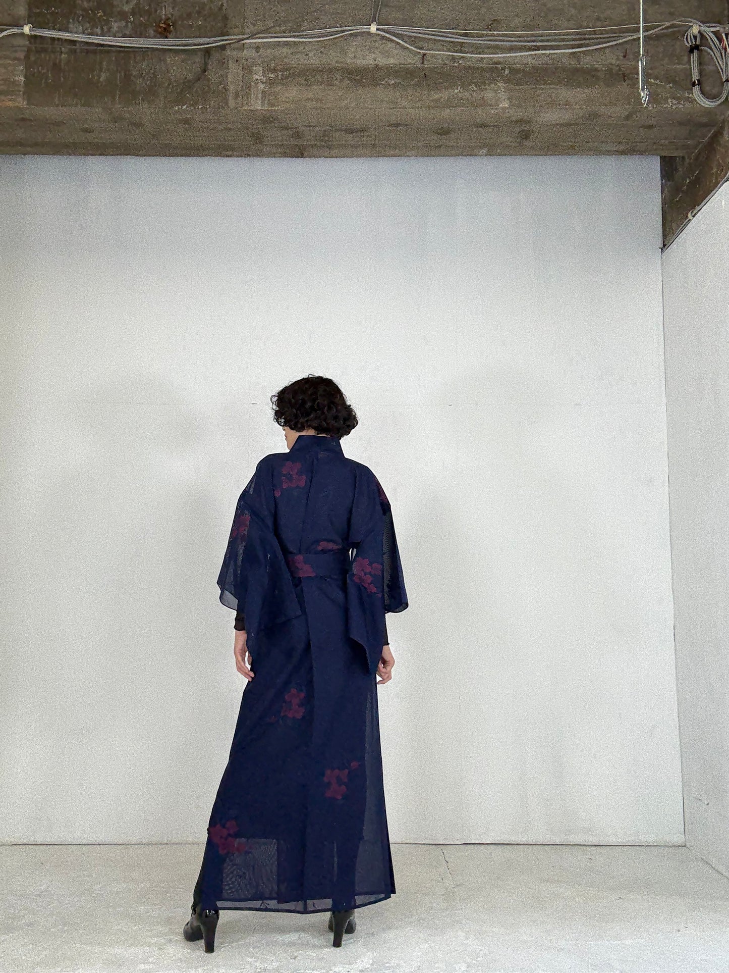 SHEER Kimono Dress Gown with String Belt – Upcycled from Japanese Kimono “Long, Navy with Red Flowers”