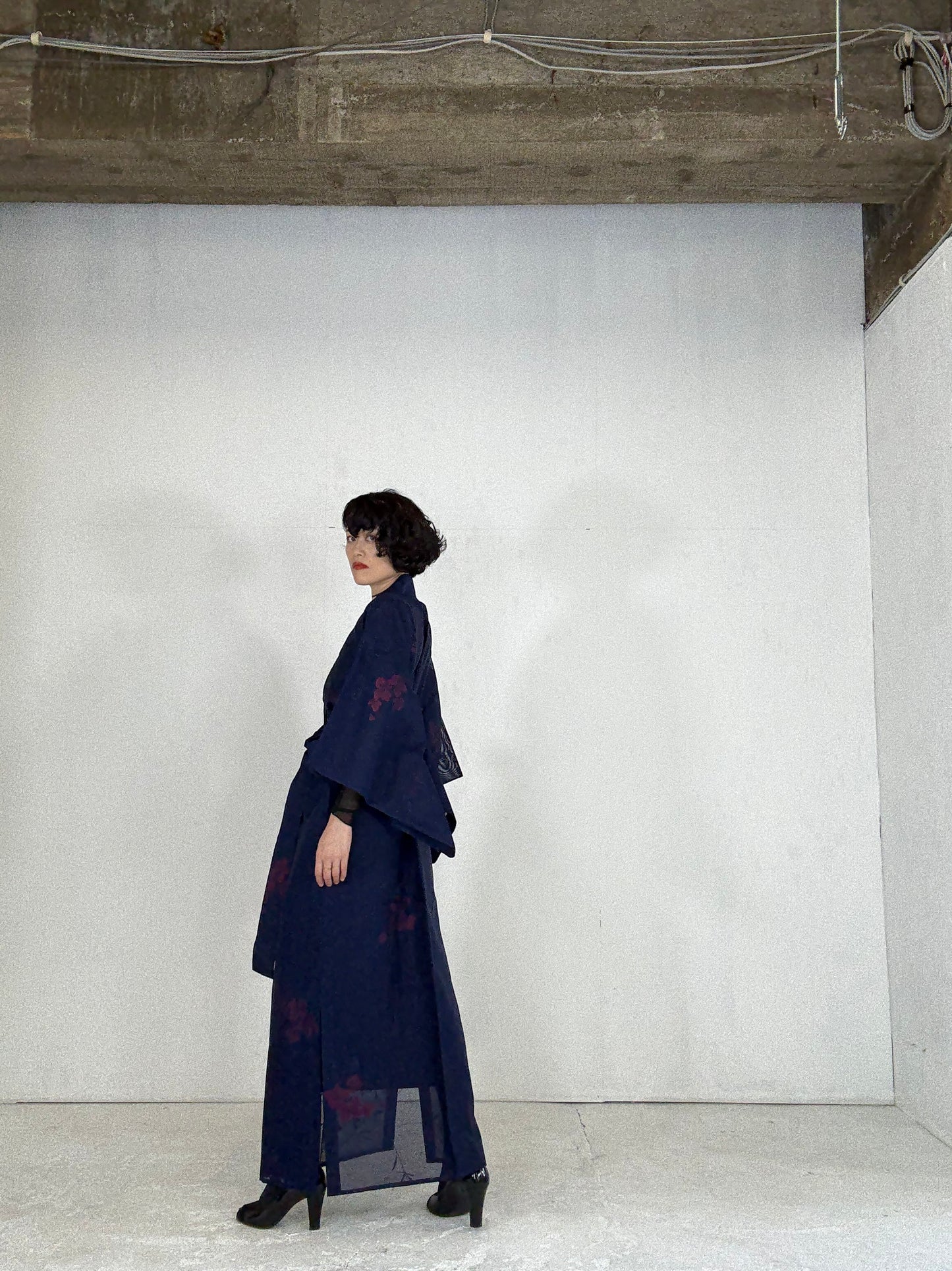 SHEER Kimono Dress Gown with String Belt – Upcycled from Japanese Kimono “Long, Navy with Red Flowers”