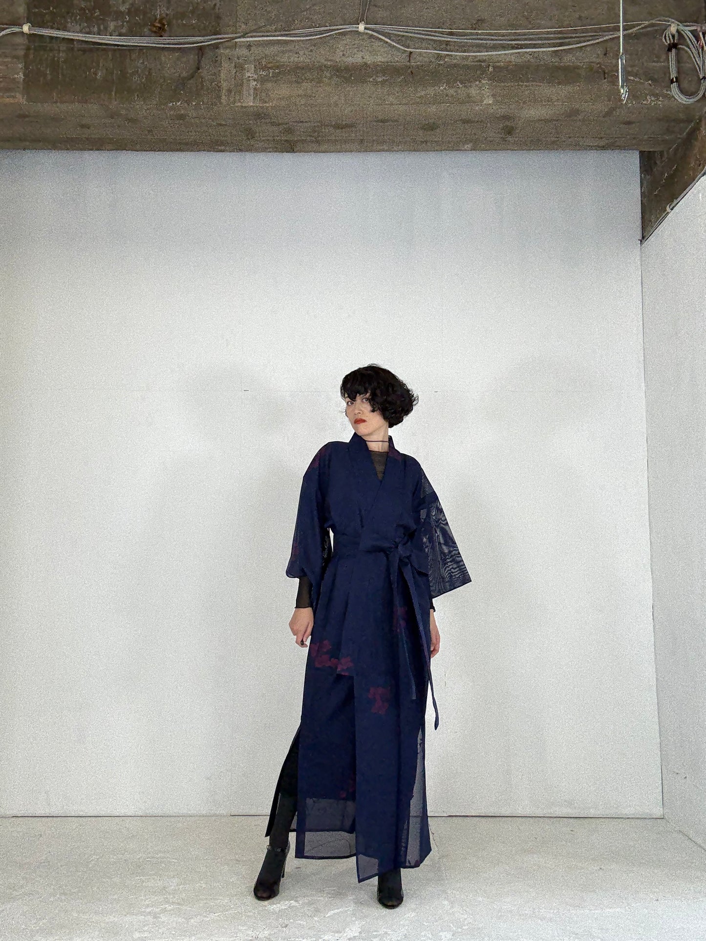 SHEER Kimono Dress Gown with String Belt – Upcycled from Japanese Kimono “Long, Navy with Red Flowers”