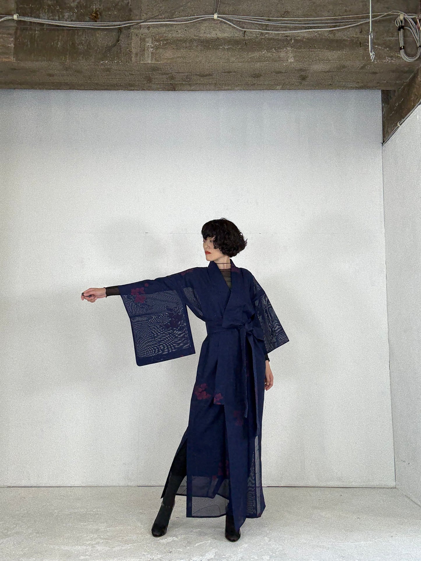 SHEER Kimono Dress Gown with String Belt – Upcycled from Japanese Kimono “Long, Navy with Red Flowers”