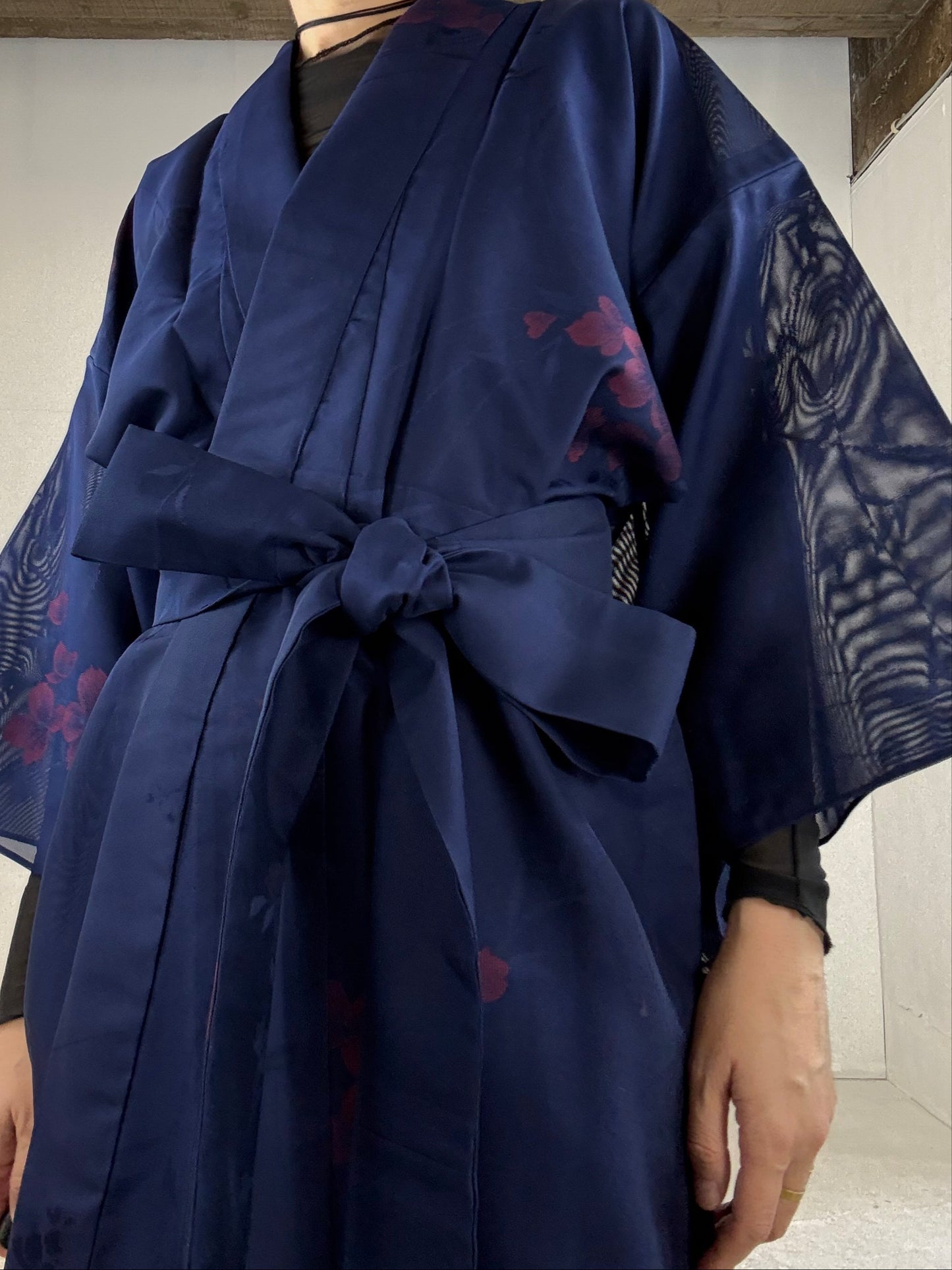 SHEER Kimono Dress Gown with String Belt – Upcycled from Japanese Kimono “Long, Navy with Red Flowers”